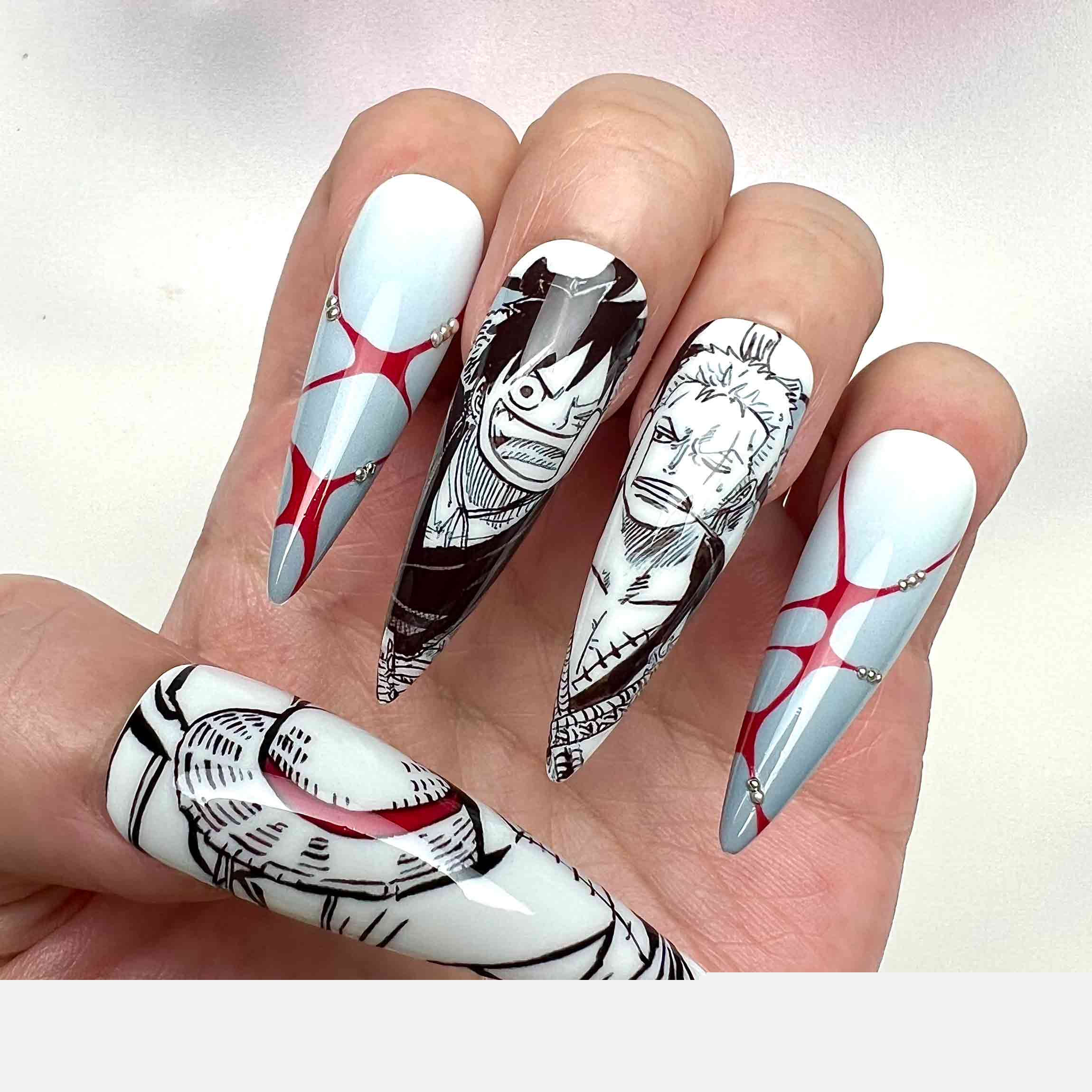 One Piece Manga Nails – Luffy Gear 5 &amp; Zoro Press-On Set, Red &amp; Grey Accent Anime Design | Dragonnail