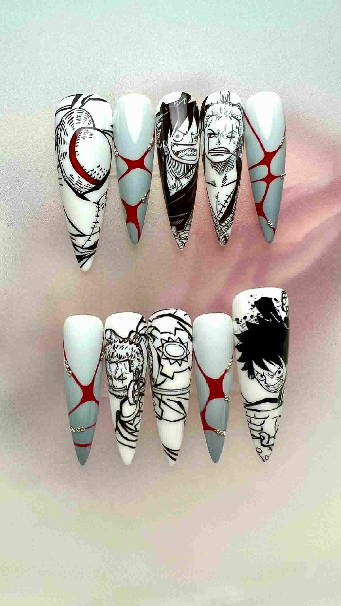One Piece Manga Nails – Luffy Gear 5 &amp; Zoro Press-On Set, Red &amp; Grey Accent Anime Design | Dragonnail