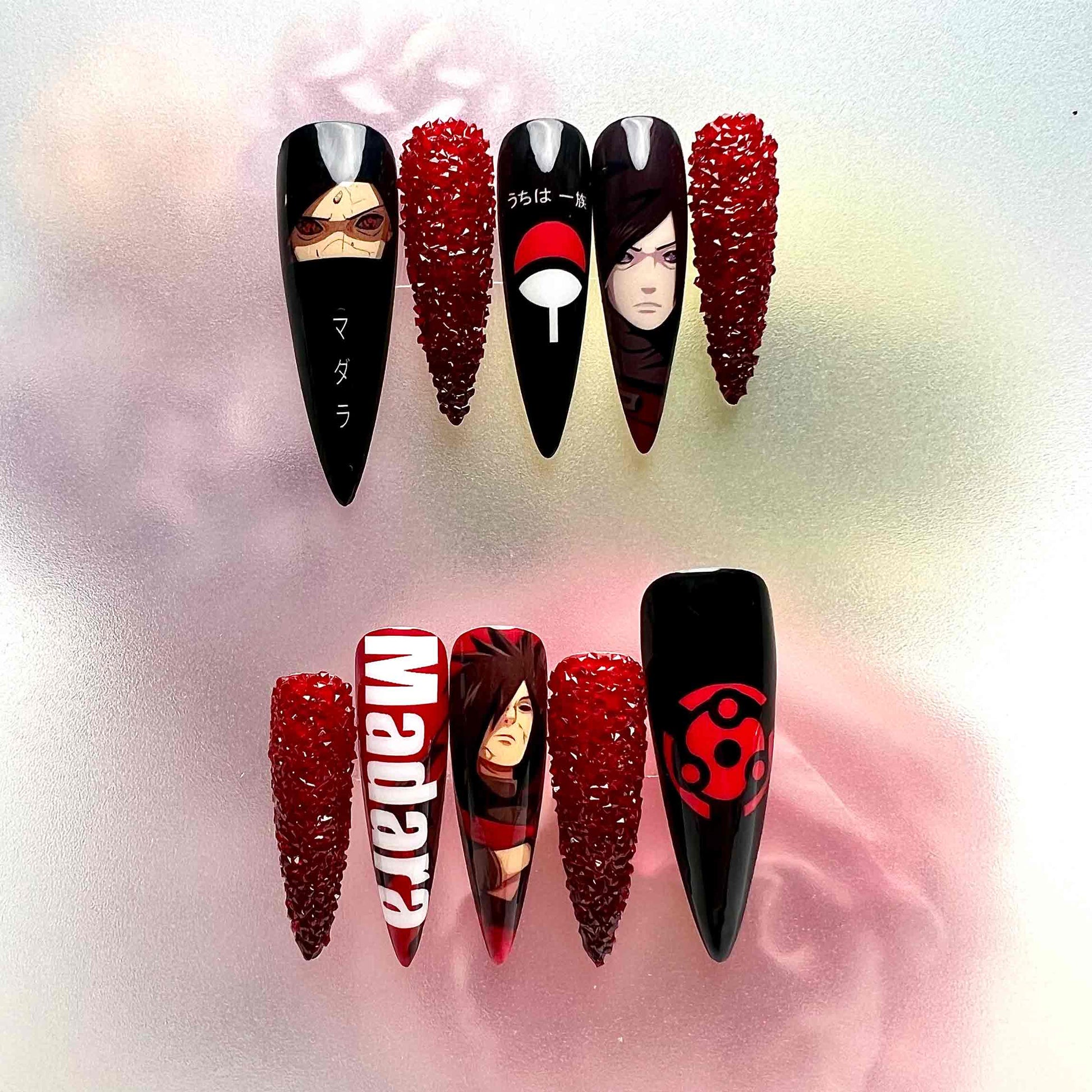 Madara Uchiha Nails – Naruto Shippuden Press-On Set, 3D Red Crystal &amp; Sharingan Design | Dragonnail