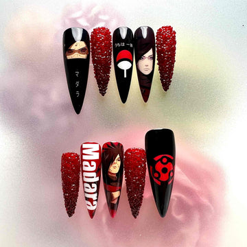 Madara Uchiha Nails – Naruto Shippuden Press-On Set, 3D Red Crystal &amp; Sharingan Design | Dragonnail