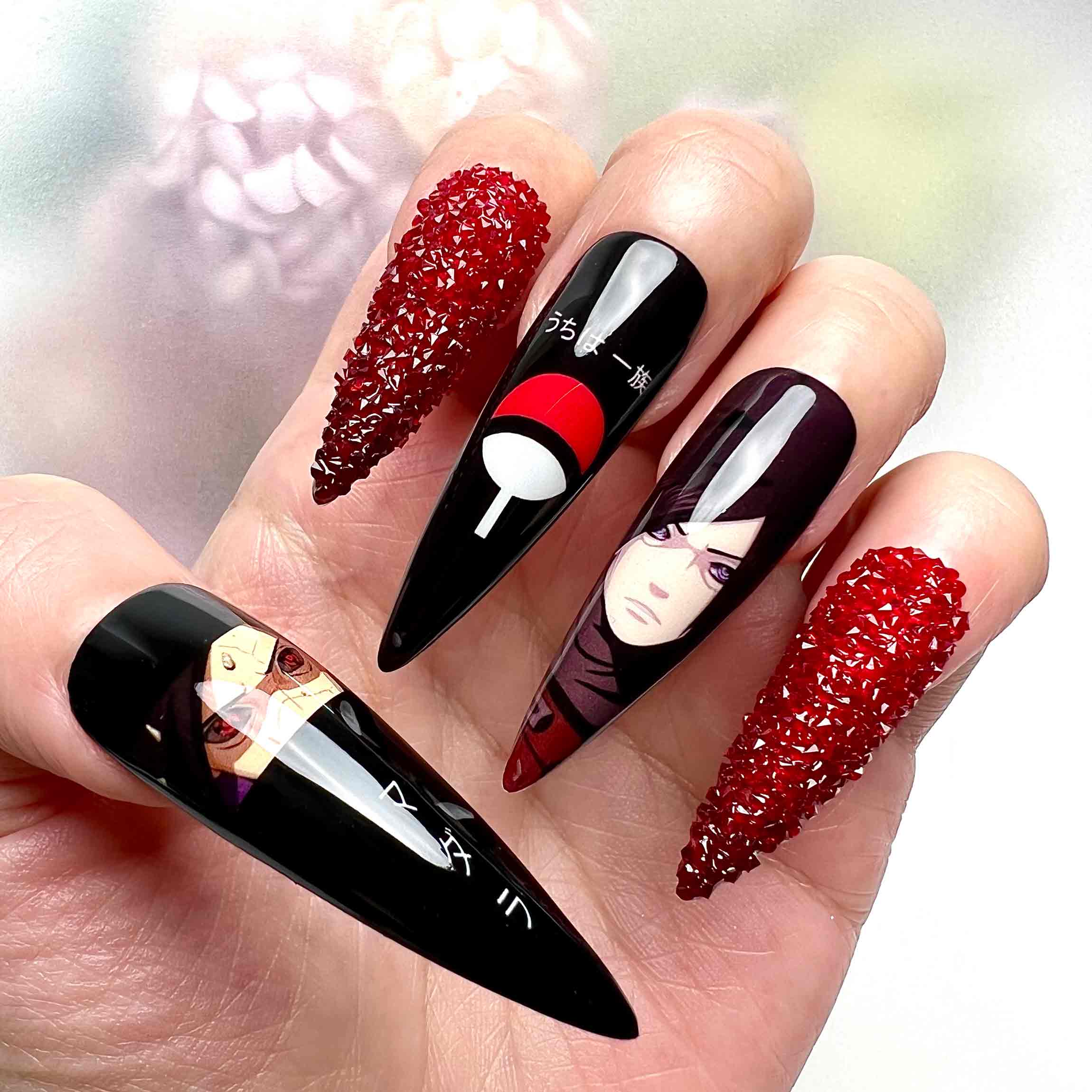 Madara Uchiha Nails – Naruto Shippuden Press-On Set, 3D Red Crystal &amp; Sharingan Design | Dragonnail