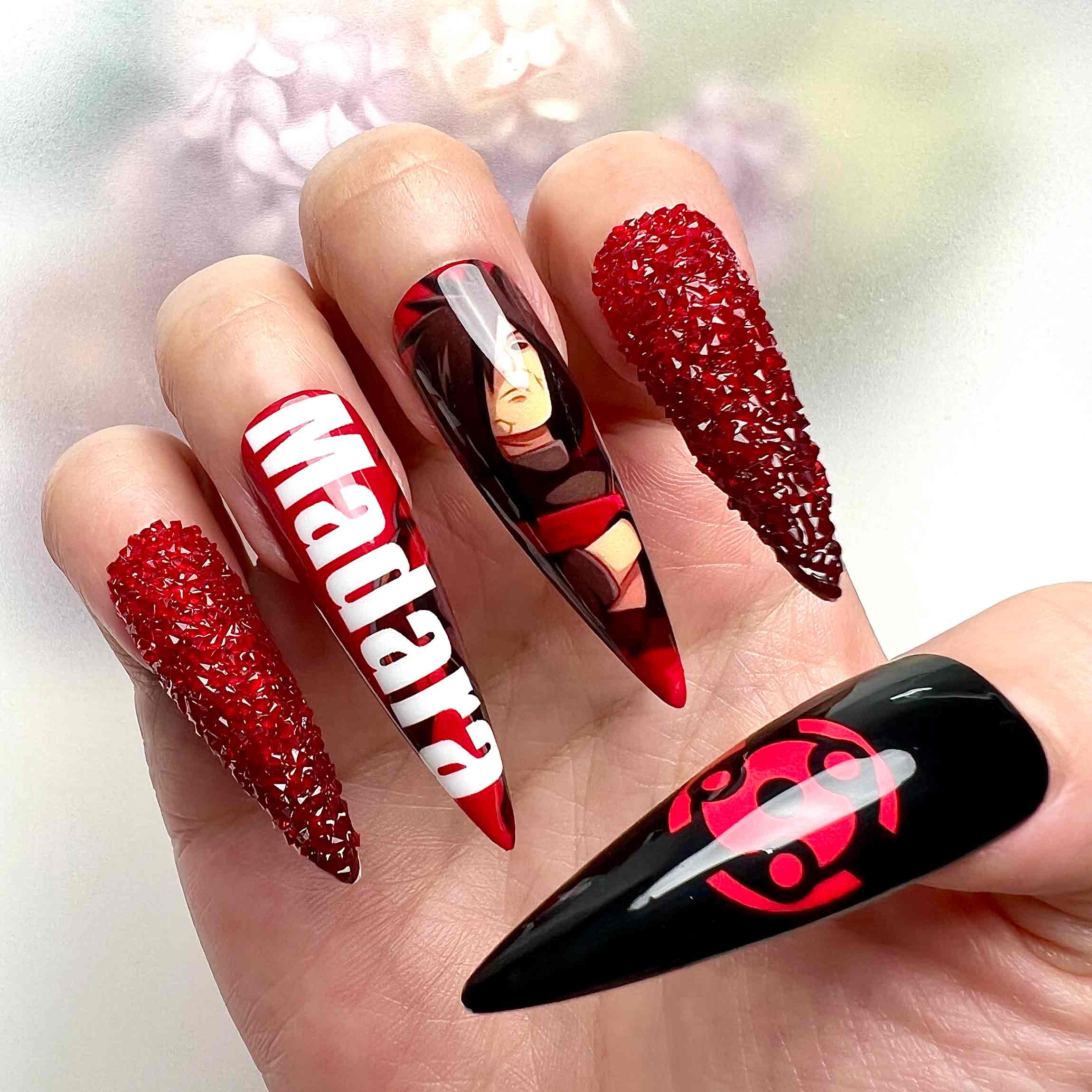 Madara Uchiha Nails – Naruto Shippuden Press-On Set, 3D Red Crystal &amp; Sharingan Design | Dragonnail