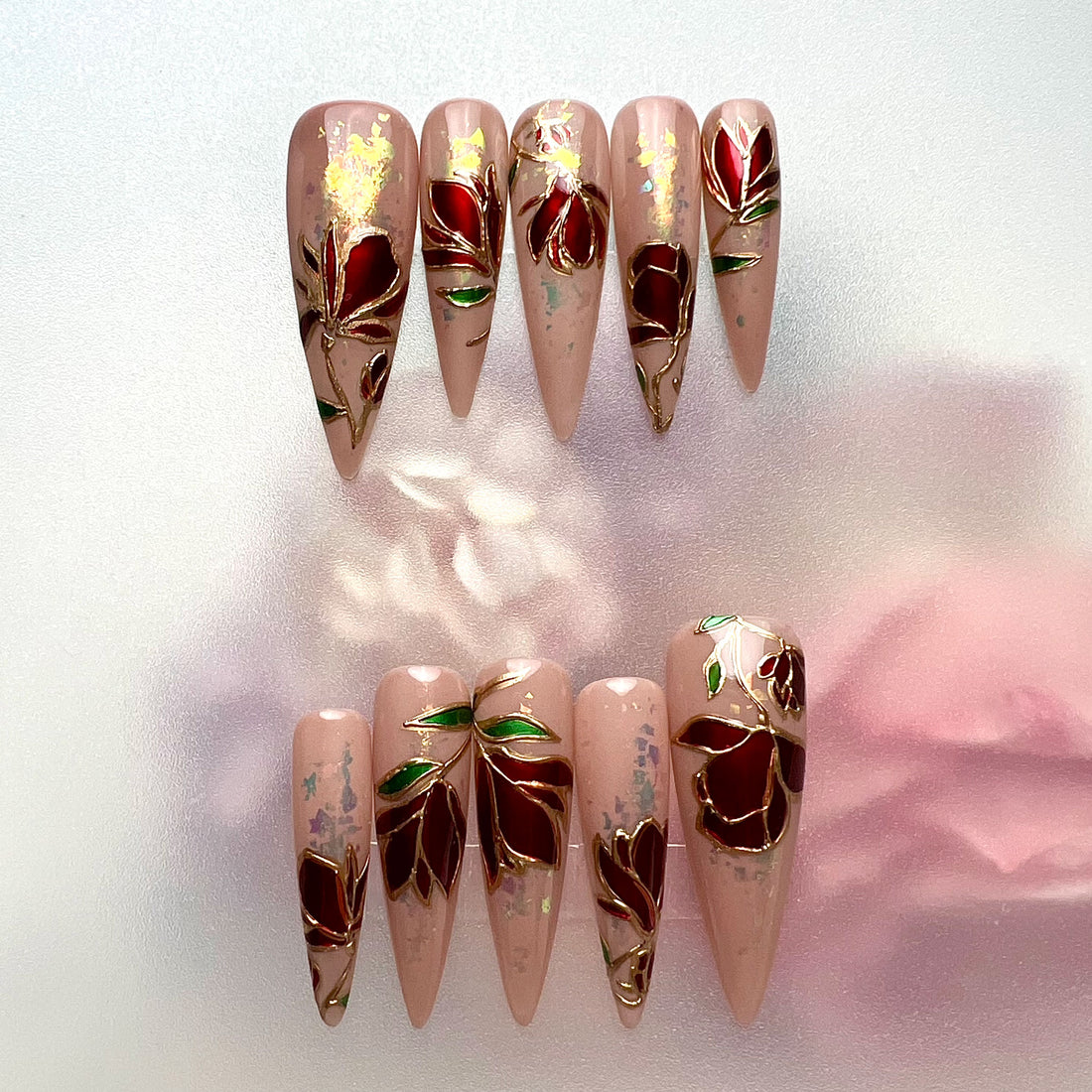 Stained Glass Rose Nails – Nude Press-On Set, Red Chrome &amp; Gold Floral Design | Dragonnail