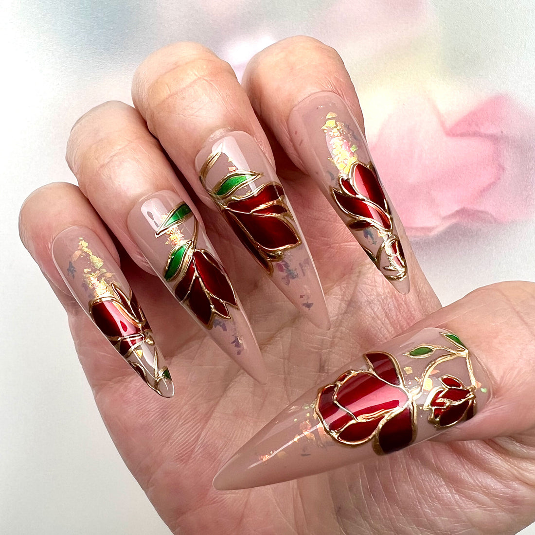 Stained Glass Rose Nails – Nude Press-On Set, Red Chrome &amp; Gold Floral Design | Dragonnail