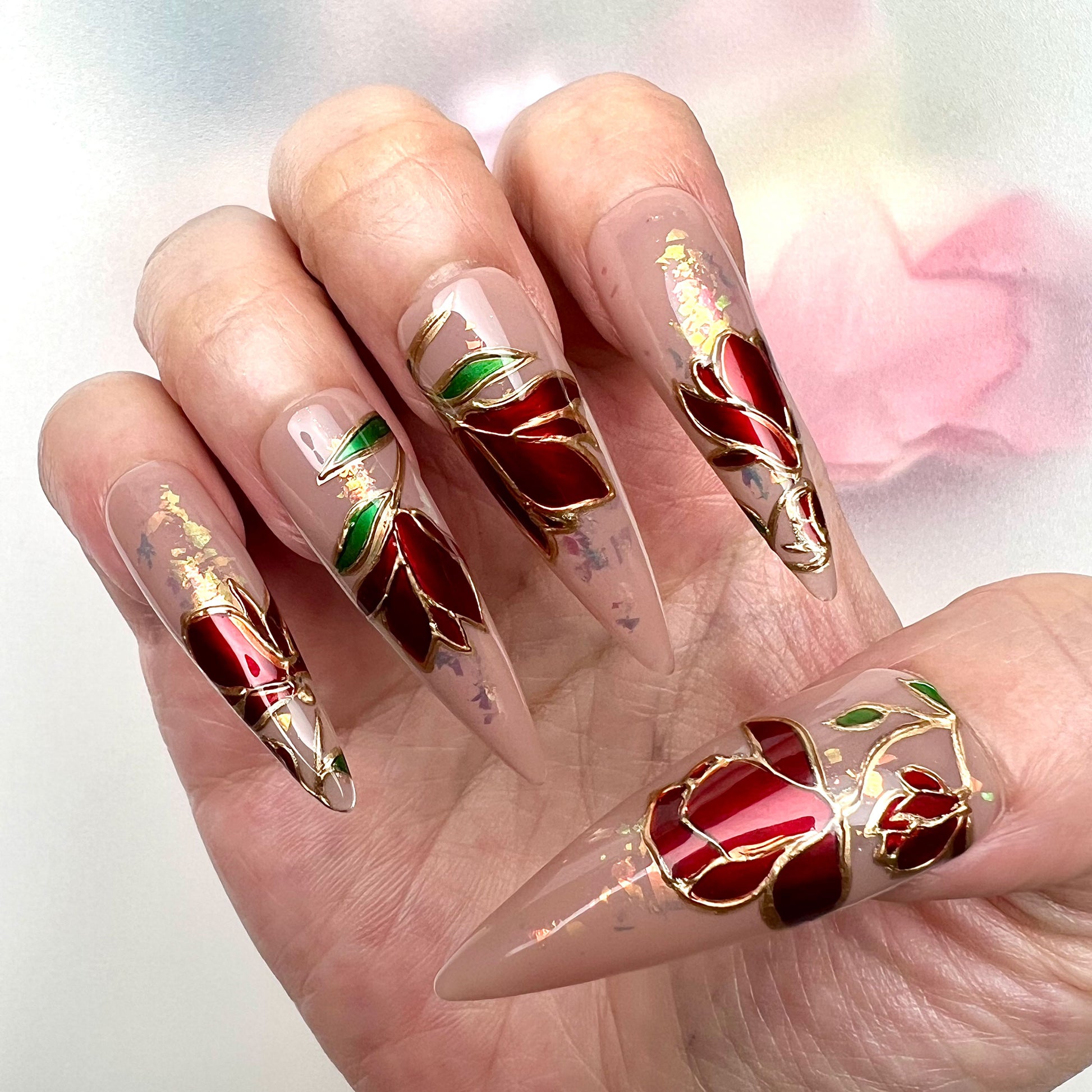 Stained Glass Rose Nails – Nude Press-On Set, Red Chrome &amp; Gold Floral Design | Dragonnail