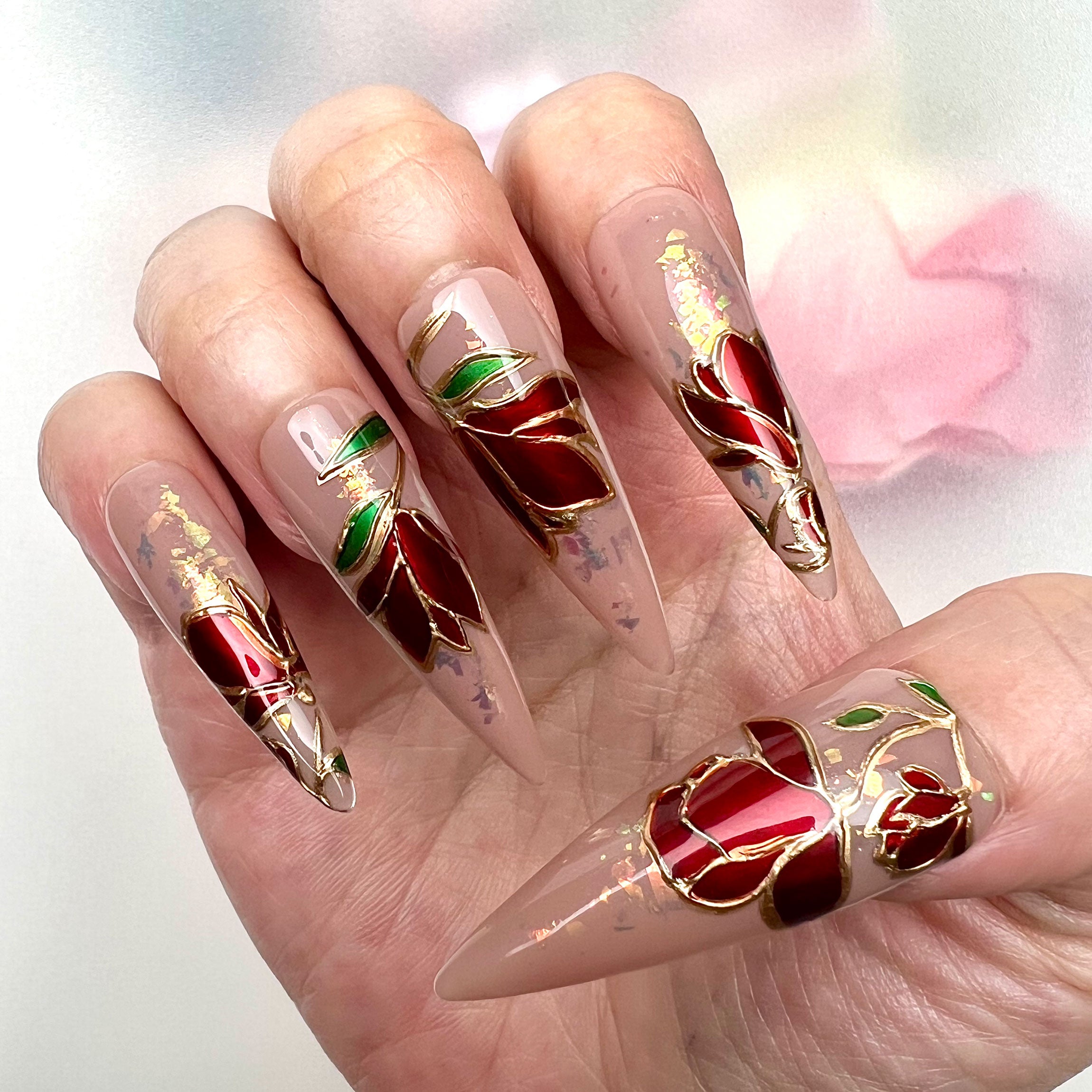 Stained Glass Rose Nails – Nude Press-On Set, Red Chrome &amp; Gold Floral Design | Dragonnail