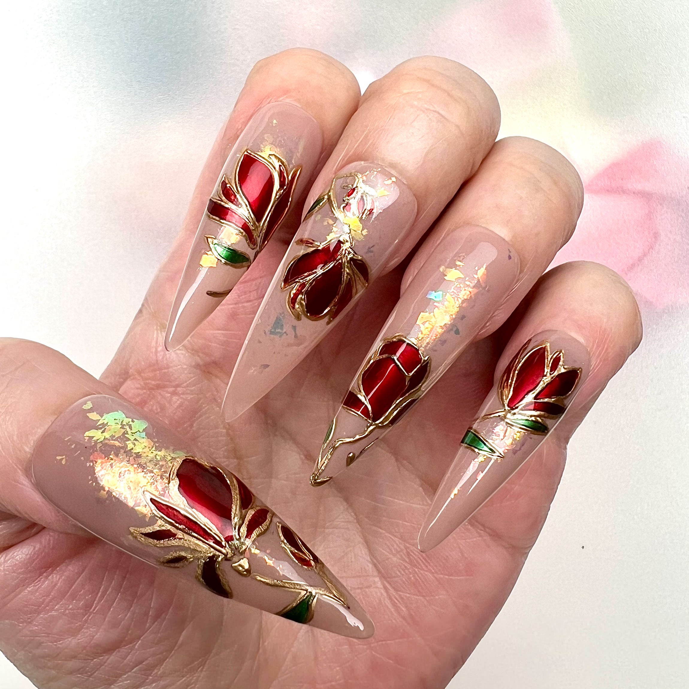 Stained Glass Rose Nails – Nude Press-On Set, Red Chrome &amp; Gold Floral Design | Dragonnail