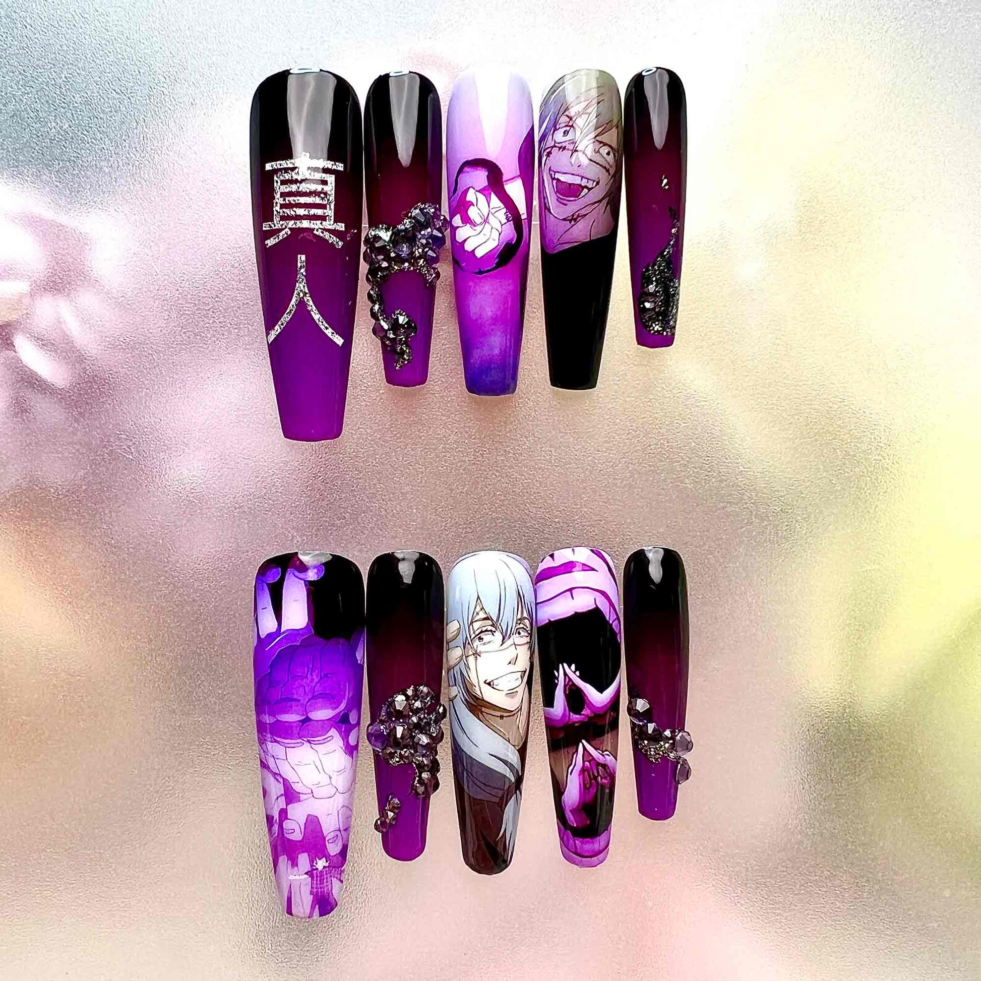 Mahito Nails – Jujutsu Kaisen JJK Press-On Set, Idle Transfiguration Purple &amp; 3D Gem Design | Dragonnail