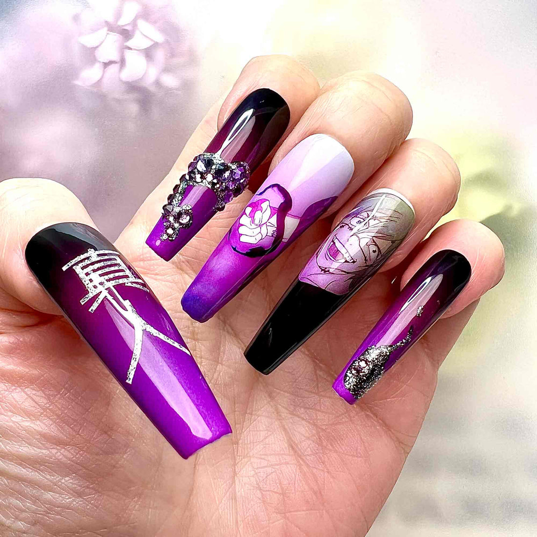 Mahito Nails – Jujutsu Kaisen JJK Press-On Set, Idle Transfiguration Purple &amp; 3D Gem Design | Dragonnail
