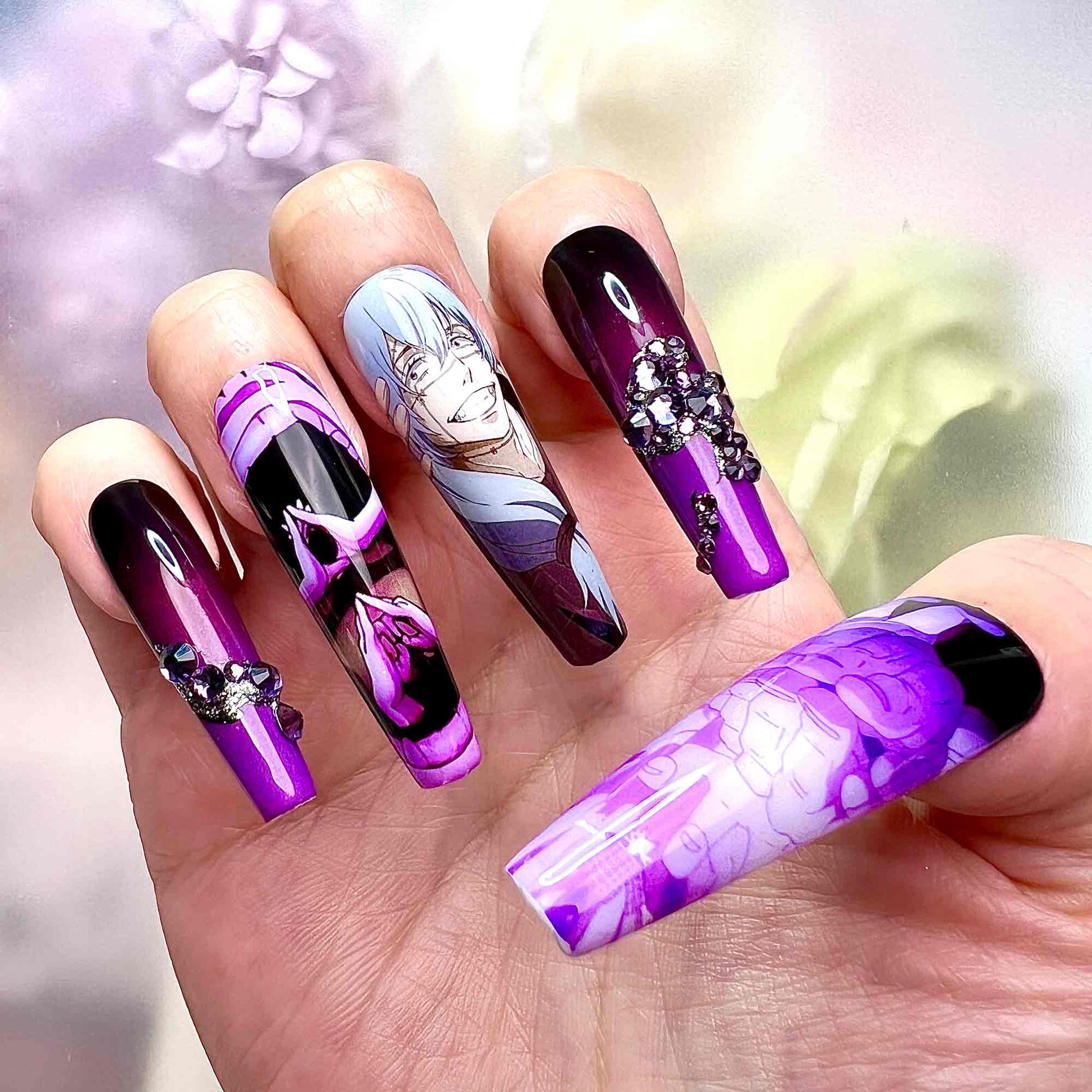 Mahito Nails – Jujutsu Kaisen JJK Press-On Set, Idle Transfiguration Purple &amp; 3D Gem Design | Dragonnail
