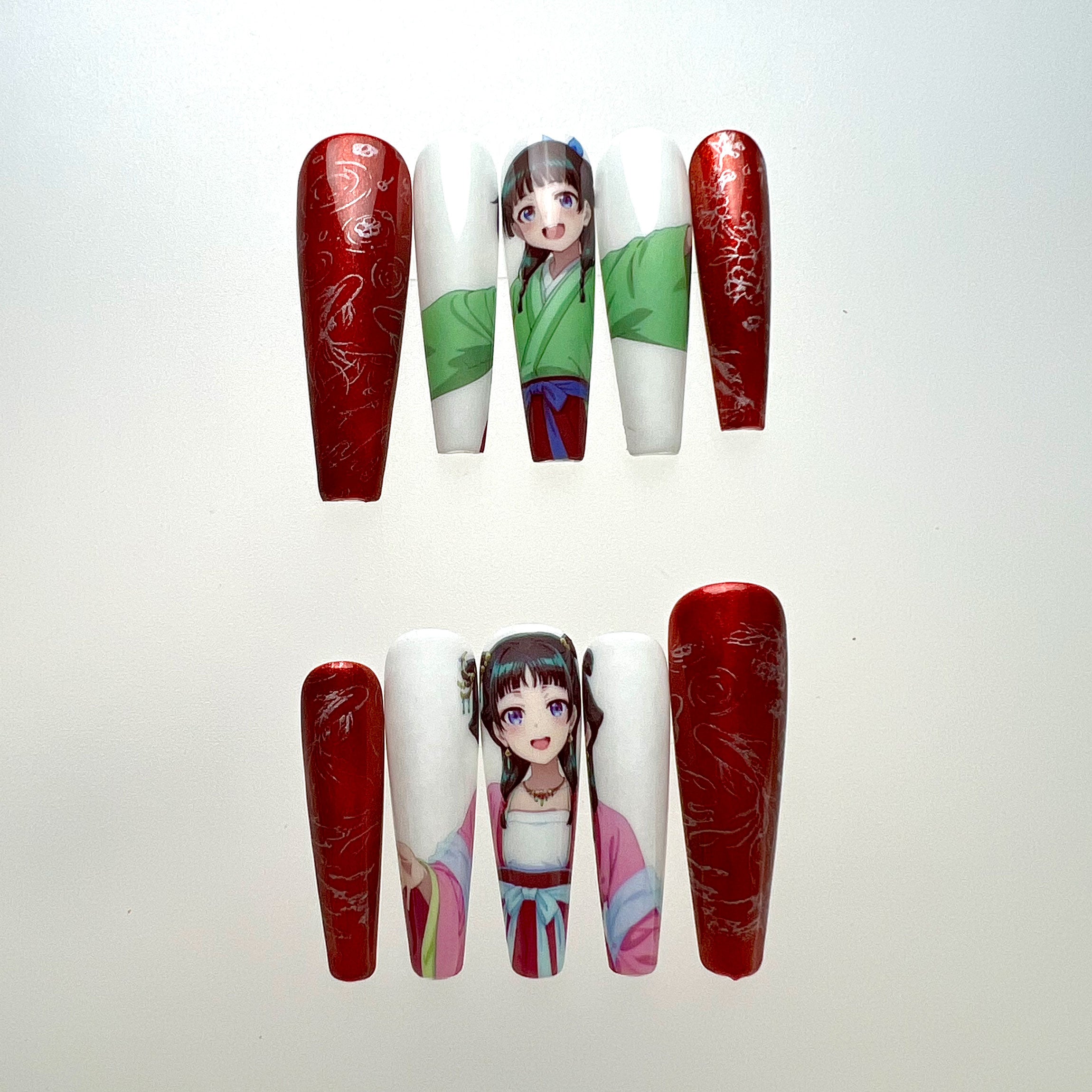 Maomao Nails – The Apothecary Diaries Press-On Set, Red Chrome Dragon &amp; Hanfu Anime Design | Dragonnail