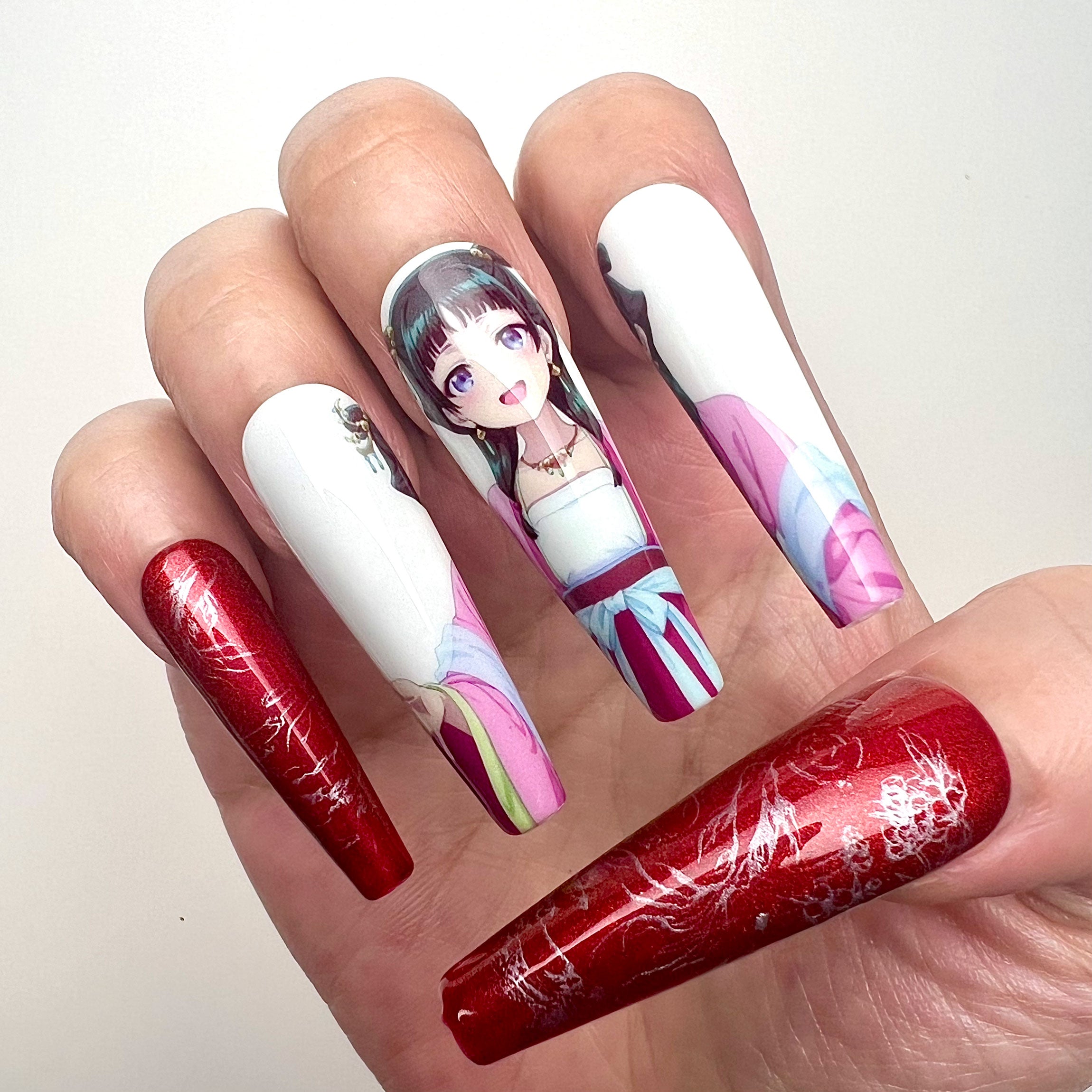 Maomao Nails – The Apothecary Diaries Press-On Set, Red Chrome Dragon &amp; Hanfu Anime Design | Dragonnail
