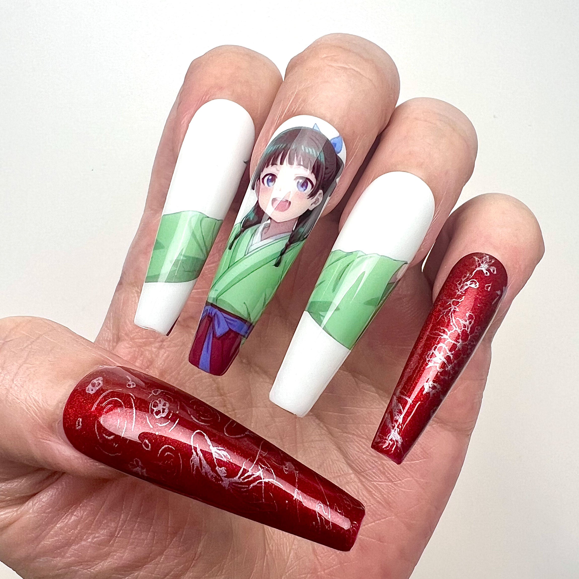 Maomao Nails – The Apothecary Diaries Press-On Set, Red Chrome Dragon &amp; Hanfu Anime Design | Dragonnail