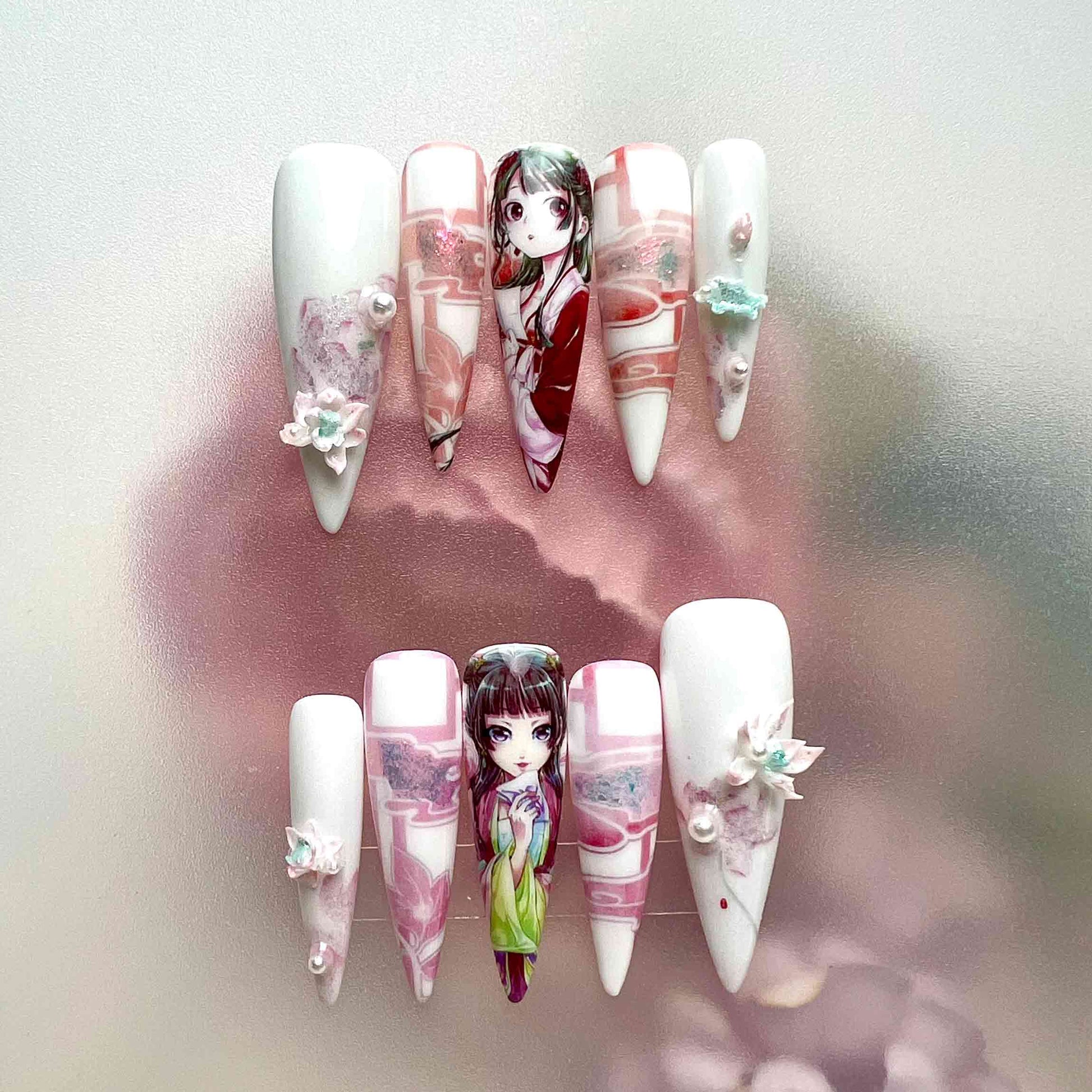 Maomao Nails – The Apothecary Diaries Press-On Set, 3D Pink Floral &amp; Pearl Elegant Anime Design | Dragonnail