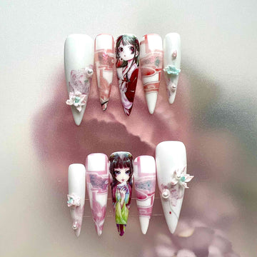 Maomao Nails – The Apothecary Diaries Press-On Set, 3D Pink Floral &amp; Pearl Elegant Anime Design | Dragonnail
