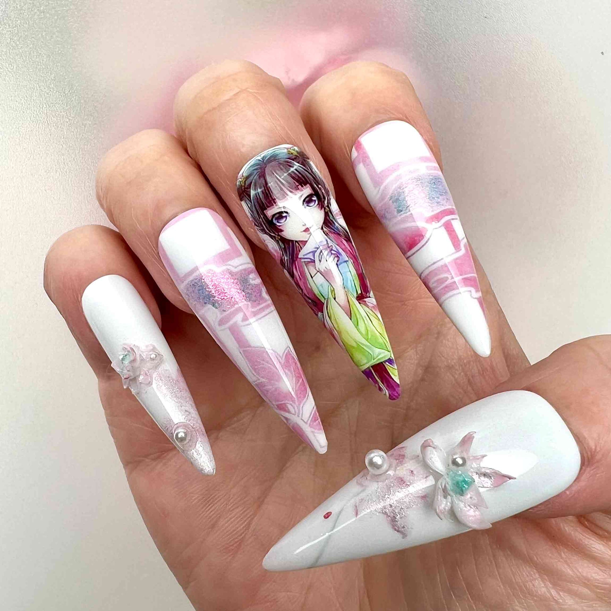Maomao Nails – The Apothecary Diaries Press-On Set, 3D Pink Floral &amp; Pearl Elegant Anime Design | Dragonnail