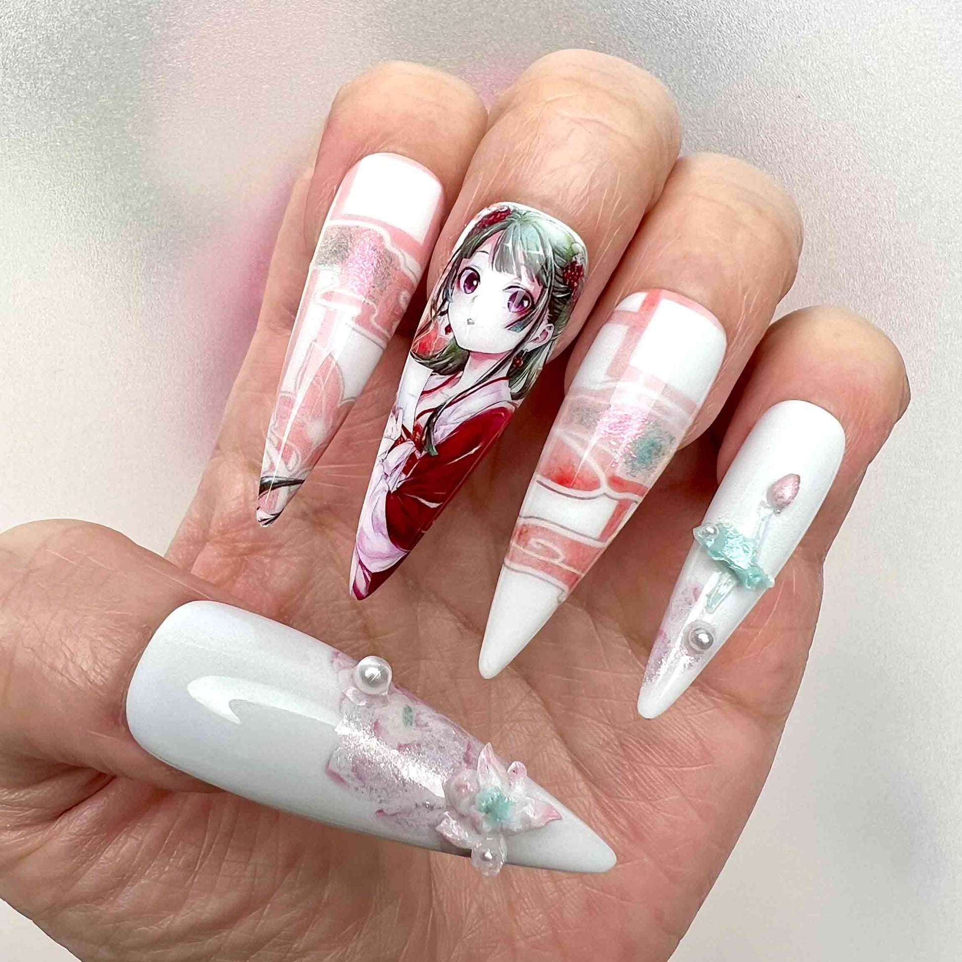 Maomao Nails – The Apothecary Diaries Press-On Set, 3D Pink Floral &amp; Pearl Elegant Anime Design | Dragonnail
