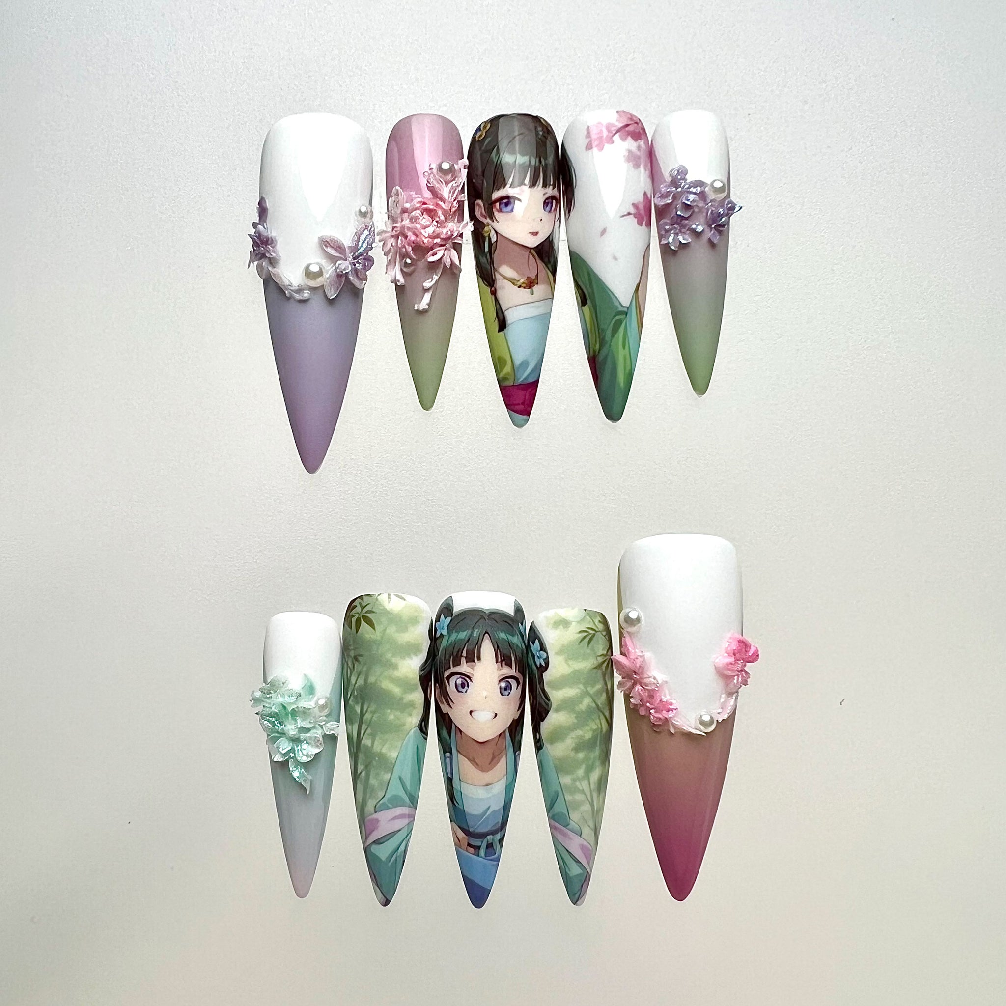 The Apothecary Diaries Nails – Maomao Press-On Set, Elegant 3D Flower &amp; Bamboo Anime Design | Dragonnail