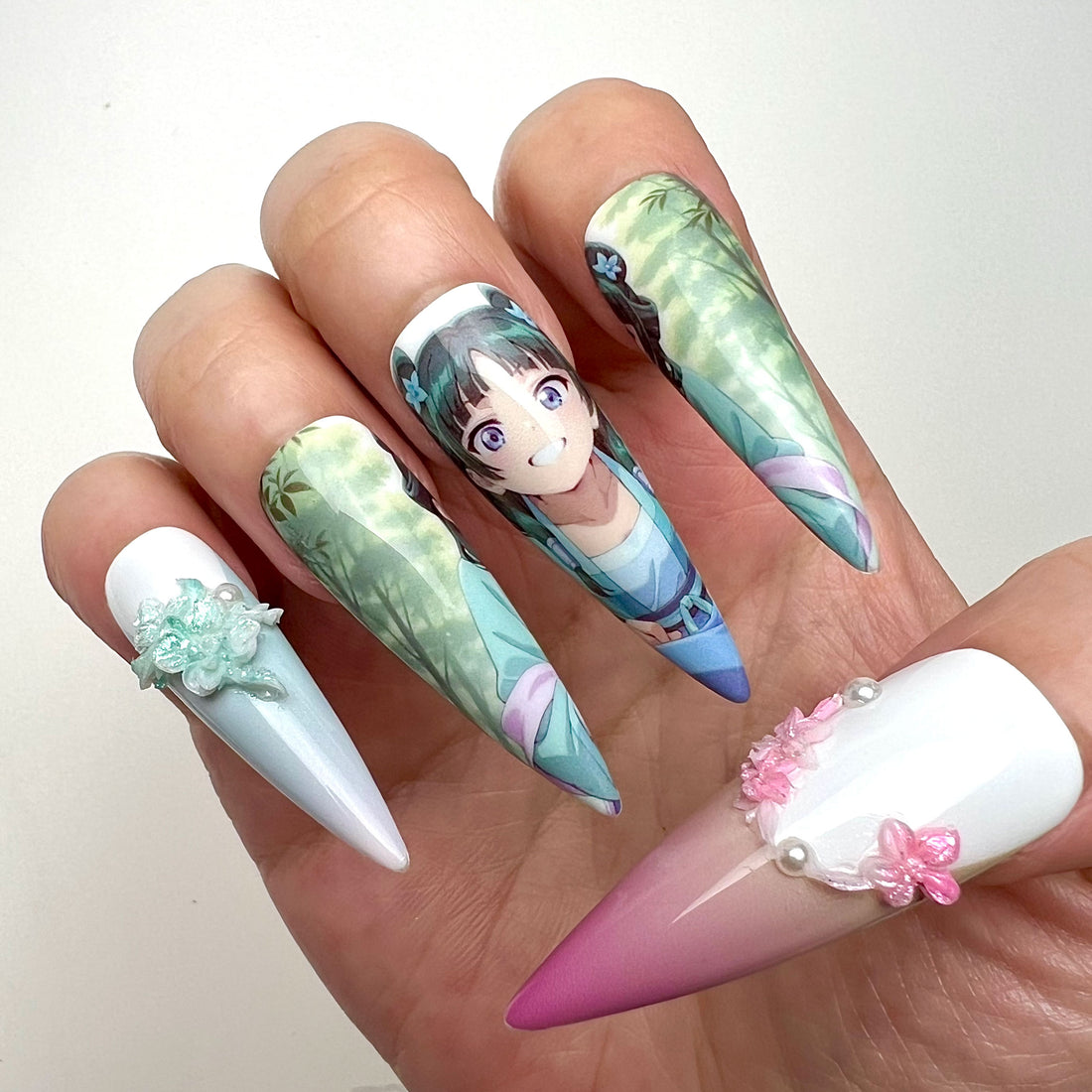 The Apothecary Diaries Nails – Maomao Press-On Set, Elegant 3D Flower &amp; Bamboo Anime Design | Dragonnail