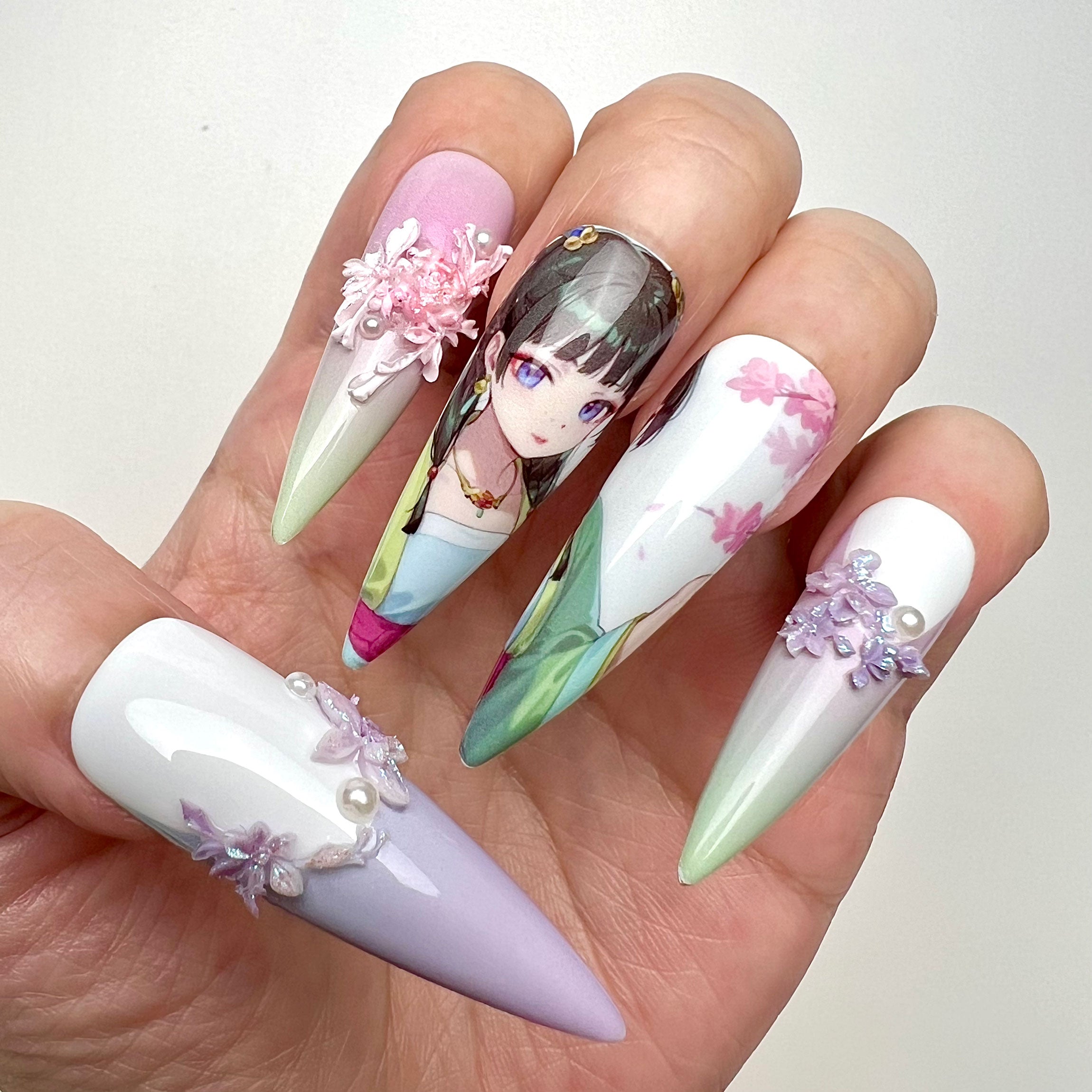 The Apothecary Diaries Nails – Maomao Press-On Set, Elegant 3D Flower &amp; Bamboo Anime Design | Dragonnail