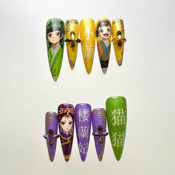 The Apothecary Diaries Nails – Maomao &amp; Loulan Press-On Set, 3D Gem, Gold Chrome &amp; Chinese Anime Design | Dragonnail