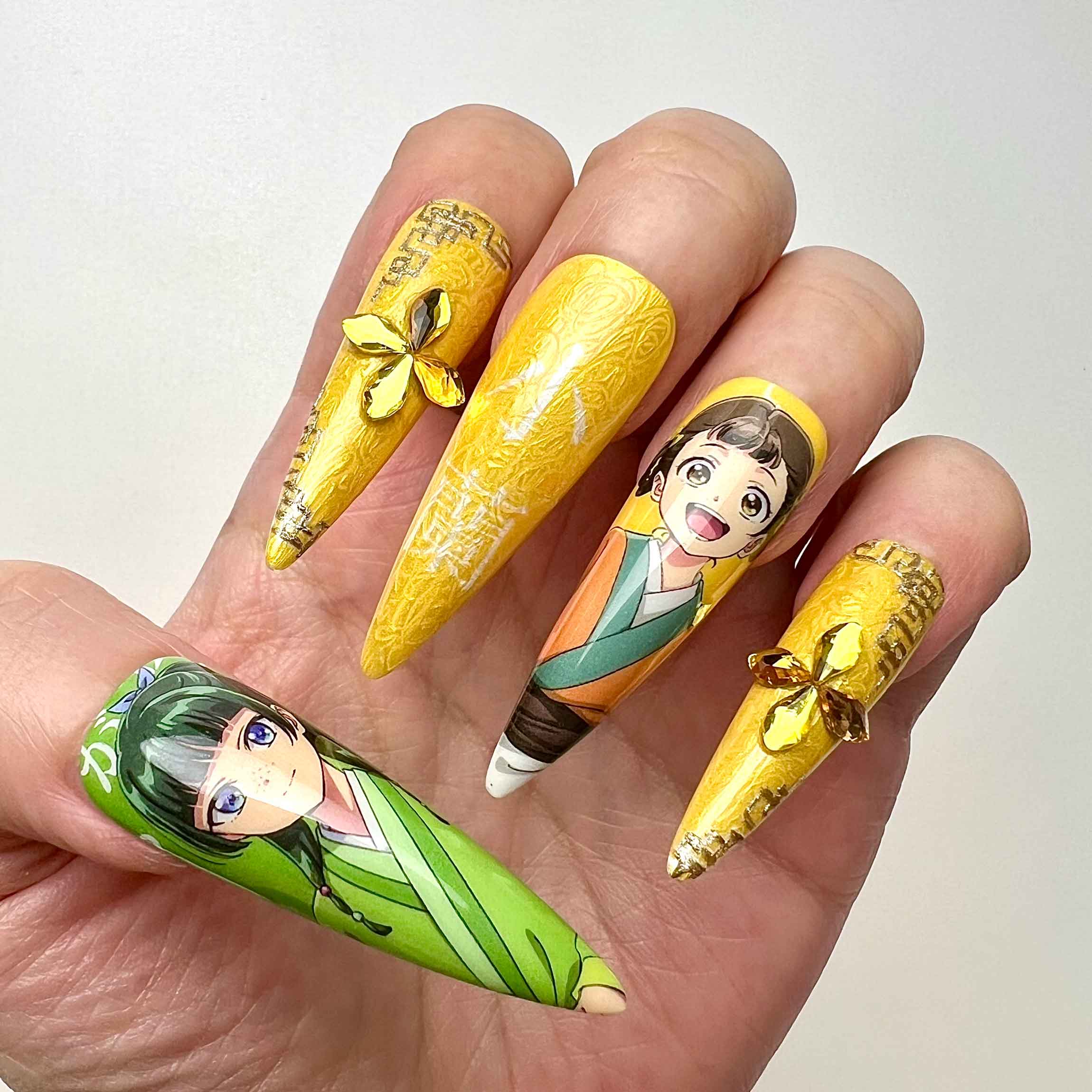 The Apothecary Diaries Nails – Maomao &amp; Loulan Press-On Set, 3D Gem, Gold Chrome &amp; Chinese Anime Design | Dragonnail