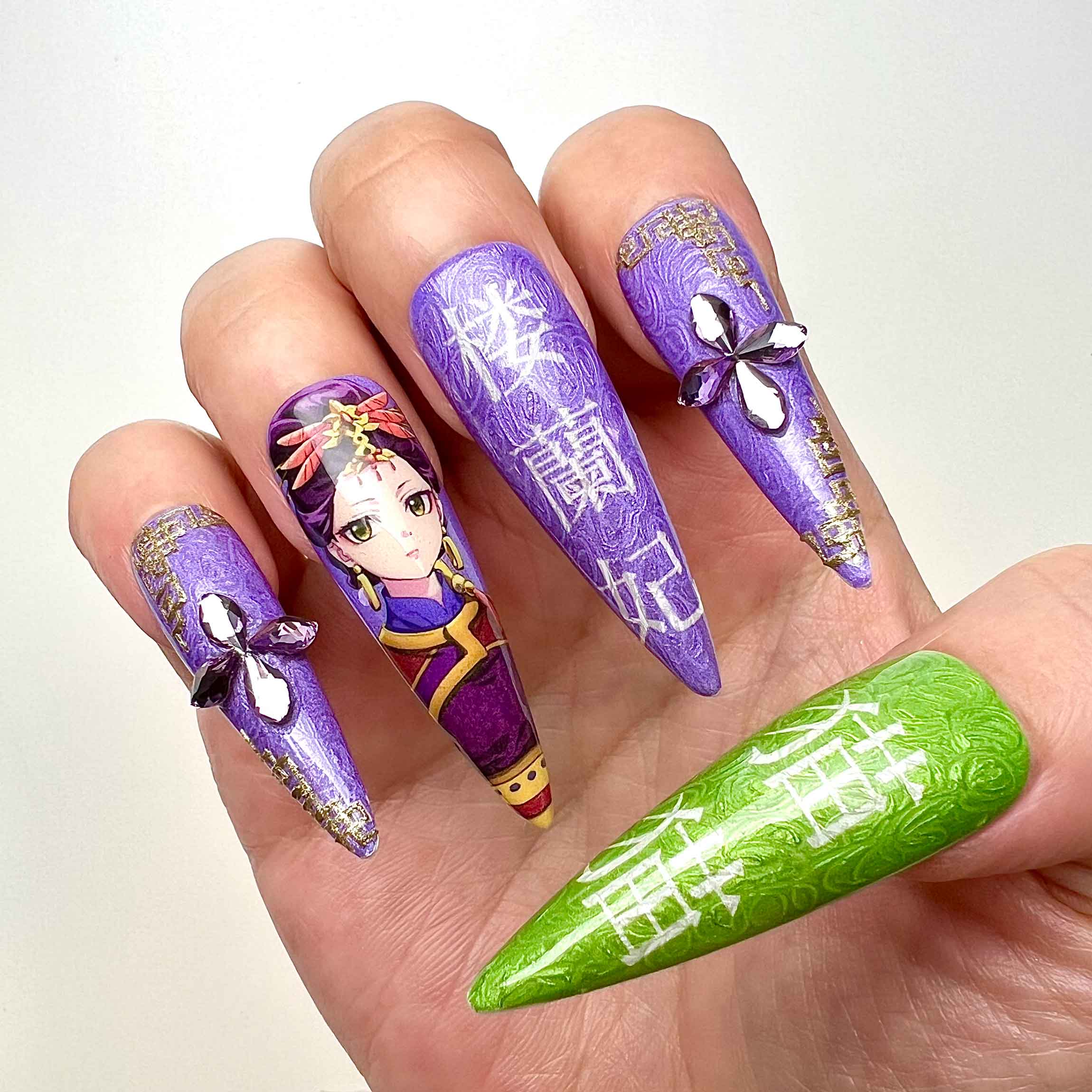 The Apothecary Diaries Nails – Maomao &amp; Loulan Press-On Set, 3D Gem, Gold Chrome &amp; Chinese Anime Design | Dragonnail