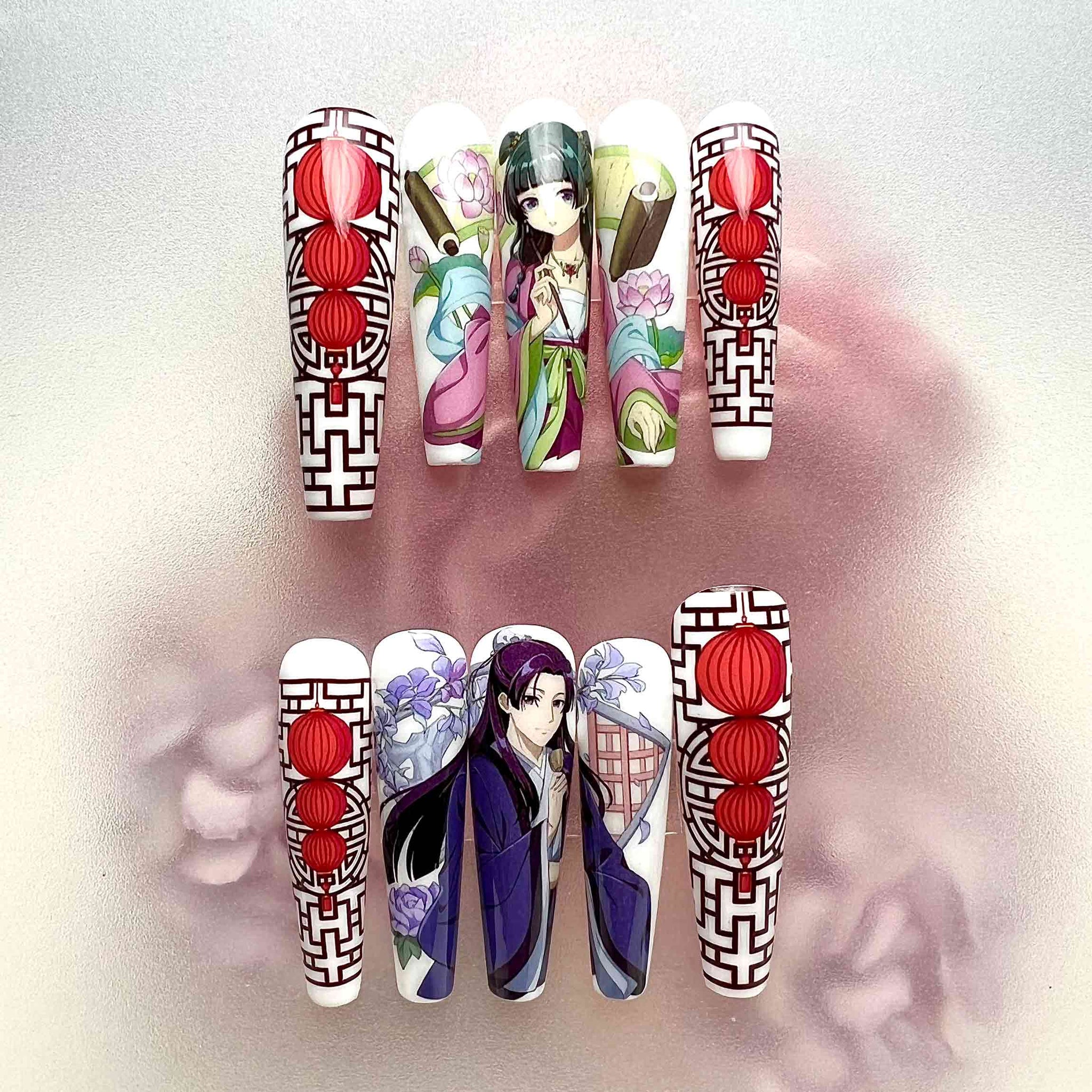 The Apothecary Diaries Nails – Maomao &amp; Jinshi Press-On Set, Red Lantern &amp; Traditional Chinese Anime Design | Dragonnail