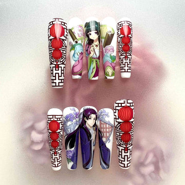 The Apothecary Diaries Nails – Maomao &amp; Jinshi Press-On Set, Red Lantern &amp; Traditional Chinese Anime Design | Dragonnail