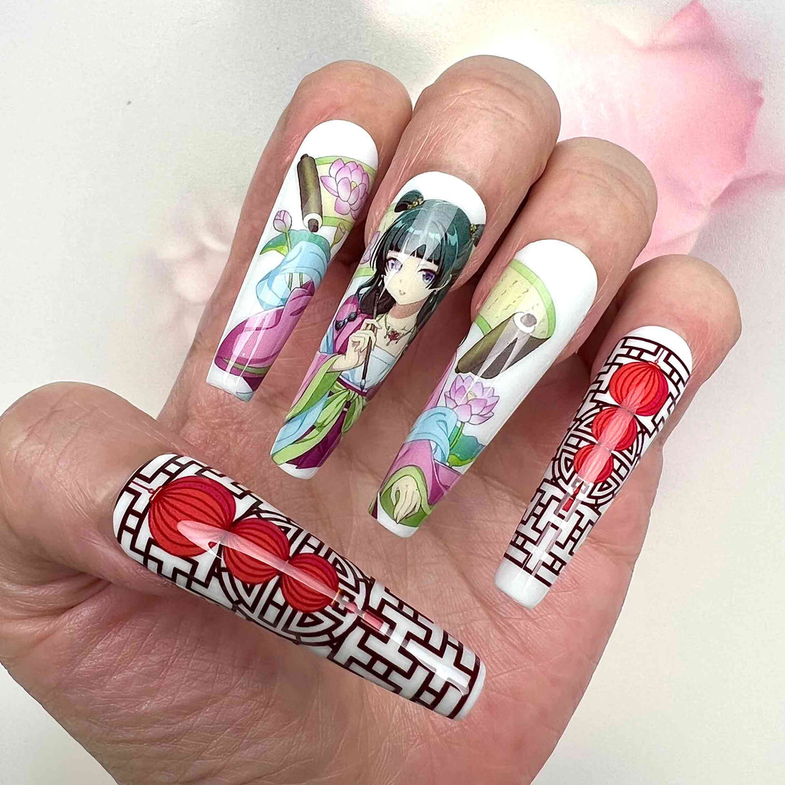 The Apothecary Diaries Nails – Maomao &amp; Jinshi Press-On Set, Red Lantern &amp; Traditional Chinese Anime Design | Dragonnail