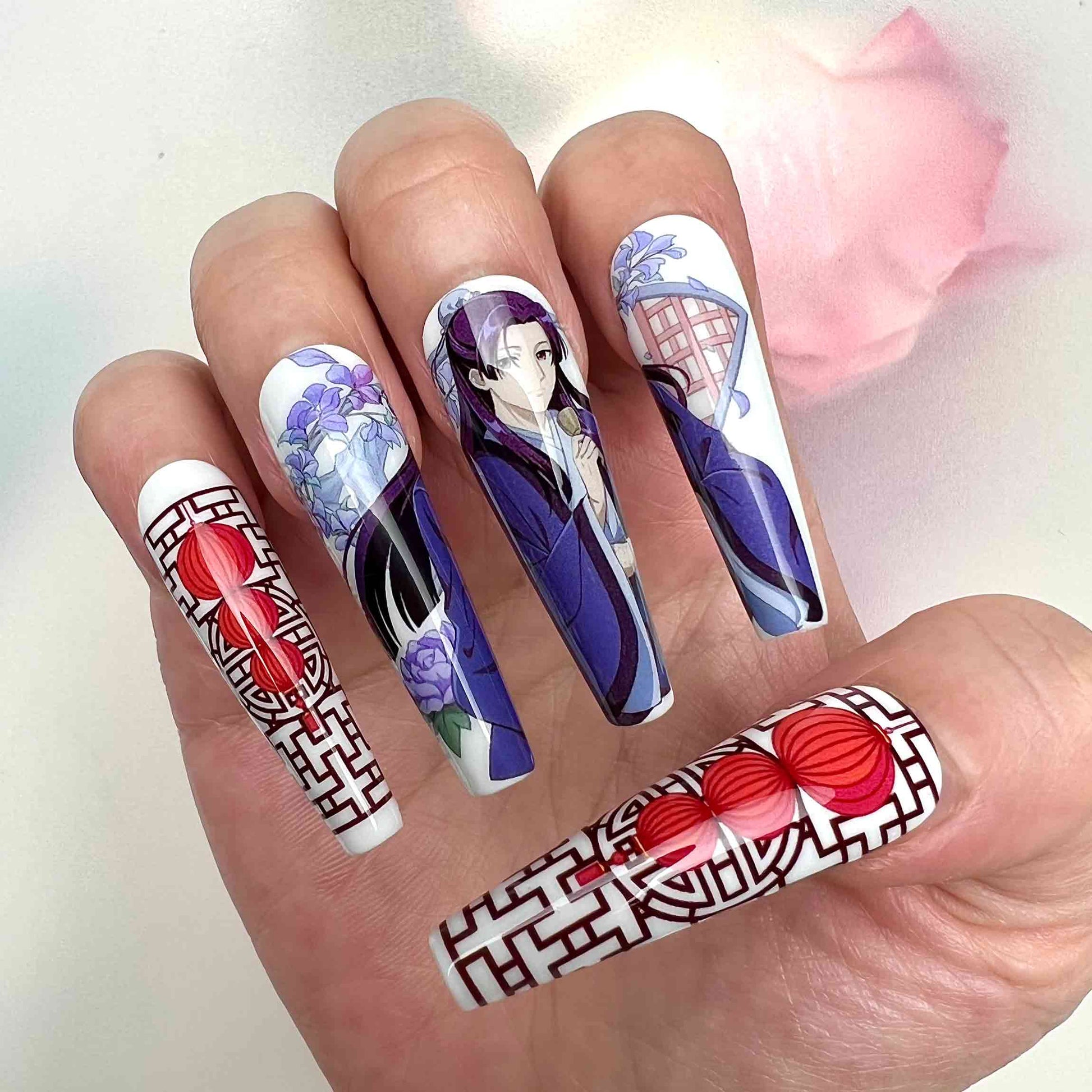 The Apothecary Diaries Nails – Maomao &amp; Jinshi Press-On Set, Red Lantern &amp; Traditional Chinese Anime Design | Dragonnail