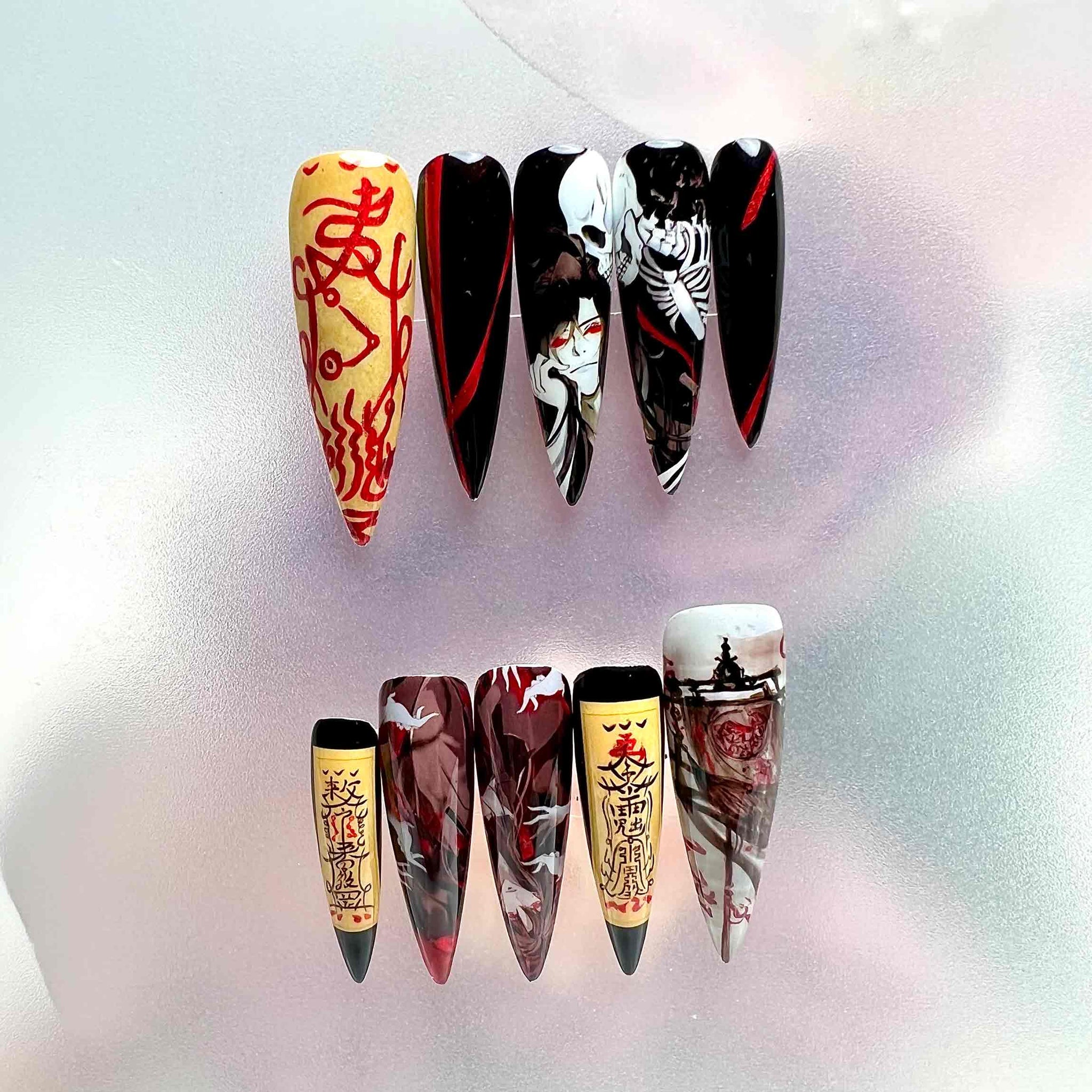 Heaven Official's Blessing Nails – Hua Cheng TGCF Press-On Set, Gothic Skull &amp; Red Talisman Donghua Design | Dragonna