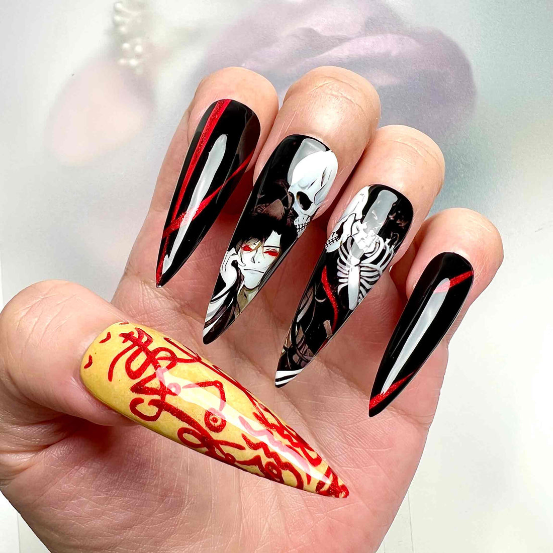 Heaven Official's Blessing Nails – Hua Cheng TGCF Press-On Set, Gothic Skull &amp; Red Talisman Donghua Design | Dragonna