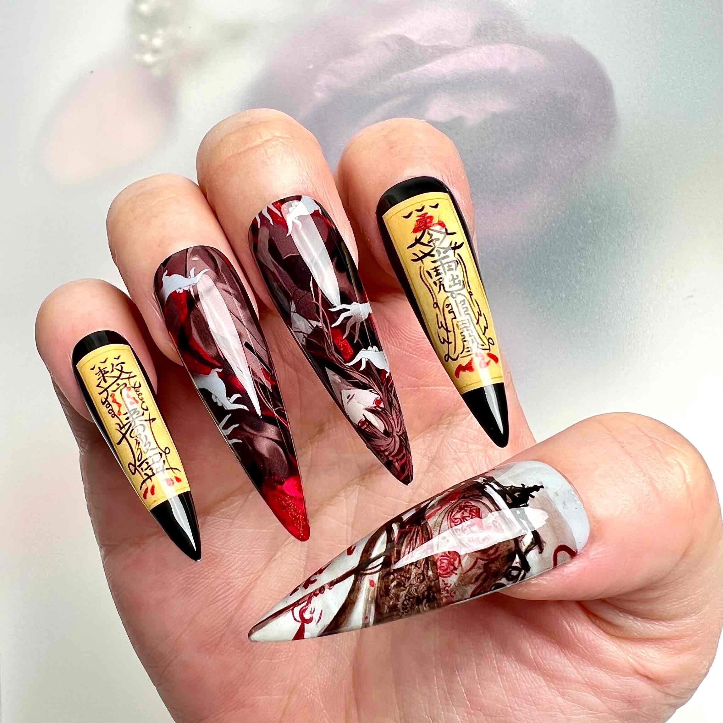 Heaven Official's Blessing Nails – Hua Cheng TGCF Press-On Set, Gothic Skull &amp; Red Talisman Donghua Design | Dragonna