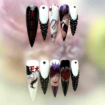 Megumi Fushiguro Nails – Jujutsu Kaisen JJK Press-On Set, 3D Black Spike &amp; Divine Dog Anime Design | Dragonnail