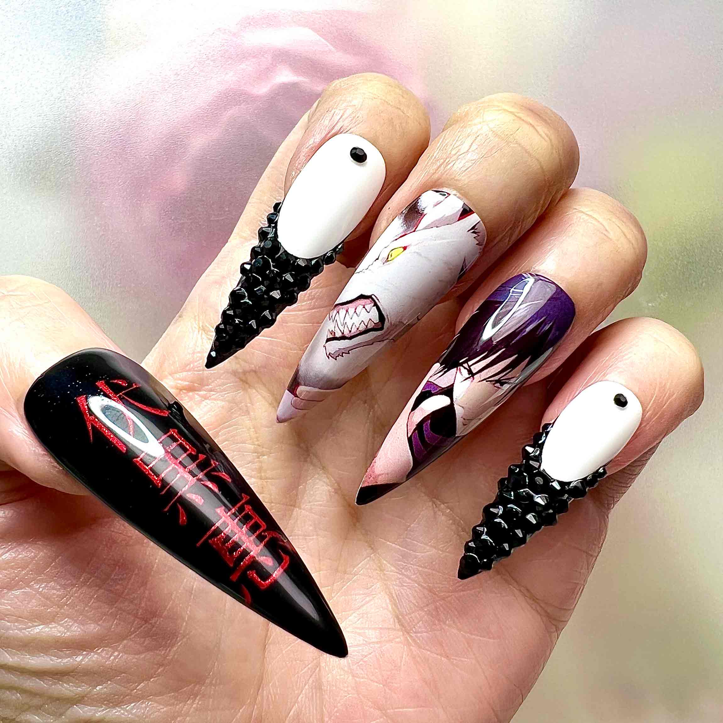 Megumi Fushiguro Nails – Jujutsu Kaisen JJK Press-On Set, 3D Black Spike &amp; Divine Dog Anime Design | Dragonnail