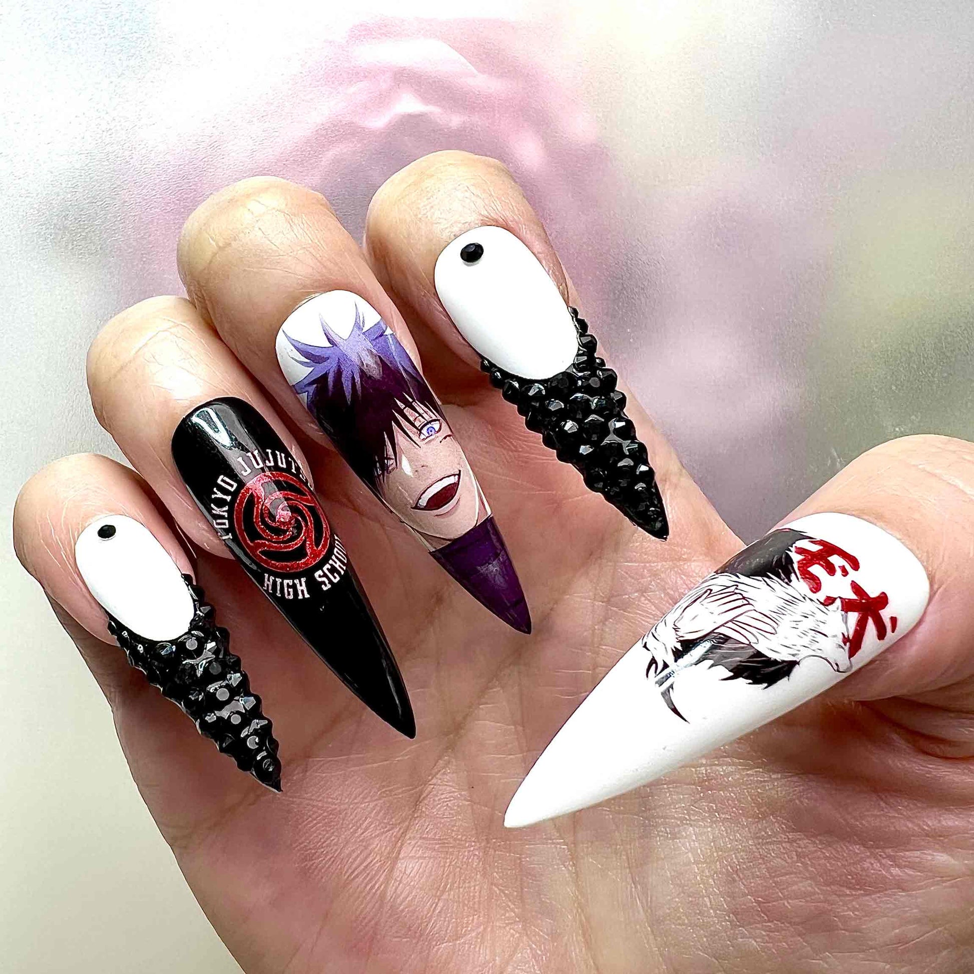 Megumi Fushiguro Nails – Jujutsu Kaisen JJK Press-On Set, 3D Black Spike &amp; Divine Dog Anime Design | Dragonnail