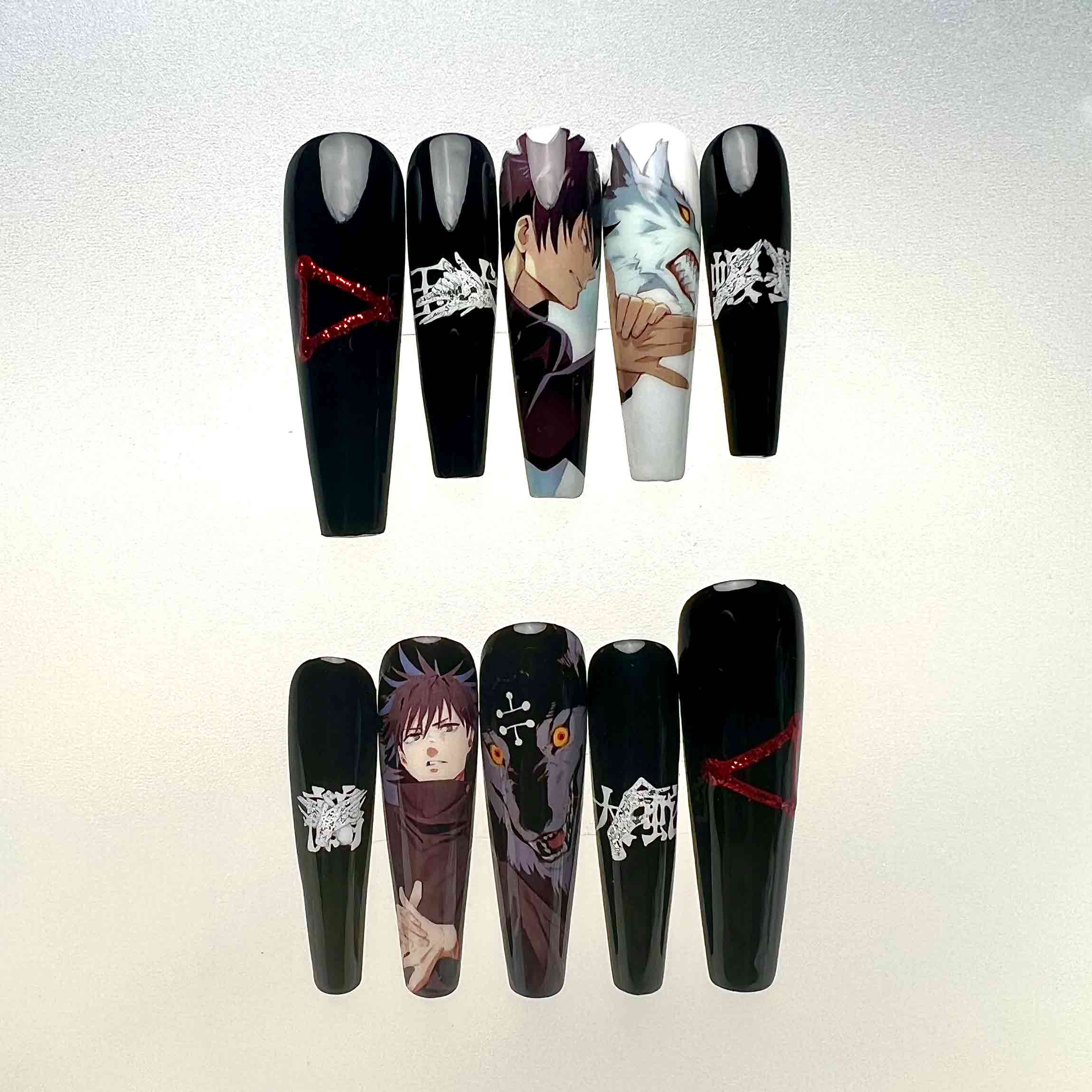 Megumi Fushiguro Nails – Jujutsu Kaisen JJK Press-On Set, Divine Dogs &amp; Red Glitter Anime Design | Dragonnail