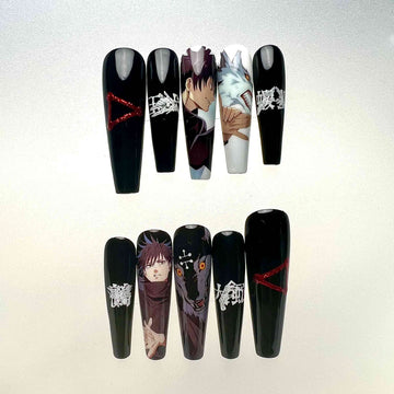 Megumi Fushiguro Nails – Jujutsu Kaisen JJK Press-On Set, Divine Dogs &amp; Red Glitter Anime Design | Dragonnail