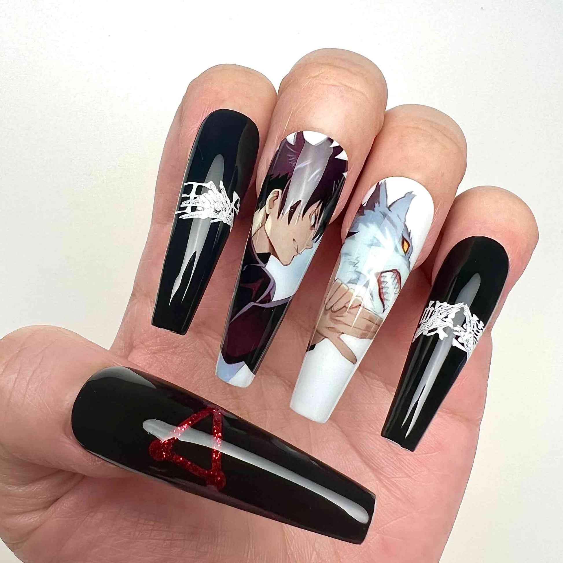 Megumi Fushiguro Nails – Jujutsu Kaisen JJK Press-On Set, Divine Dogs &amp; Red Glitter Anime Design | Dragonnail