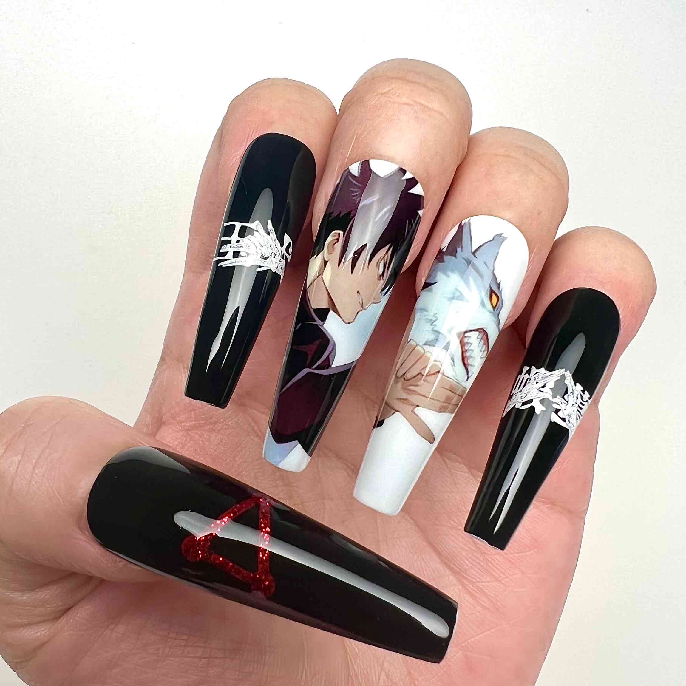 Megumi Fushiguro Nails – Jujutsu Kaisen JJK Press-On Set, Divine Dogs &amp; Red Glitter Anime Design | Dragonnail