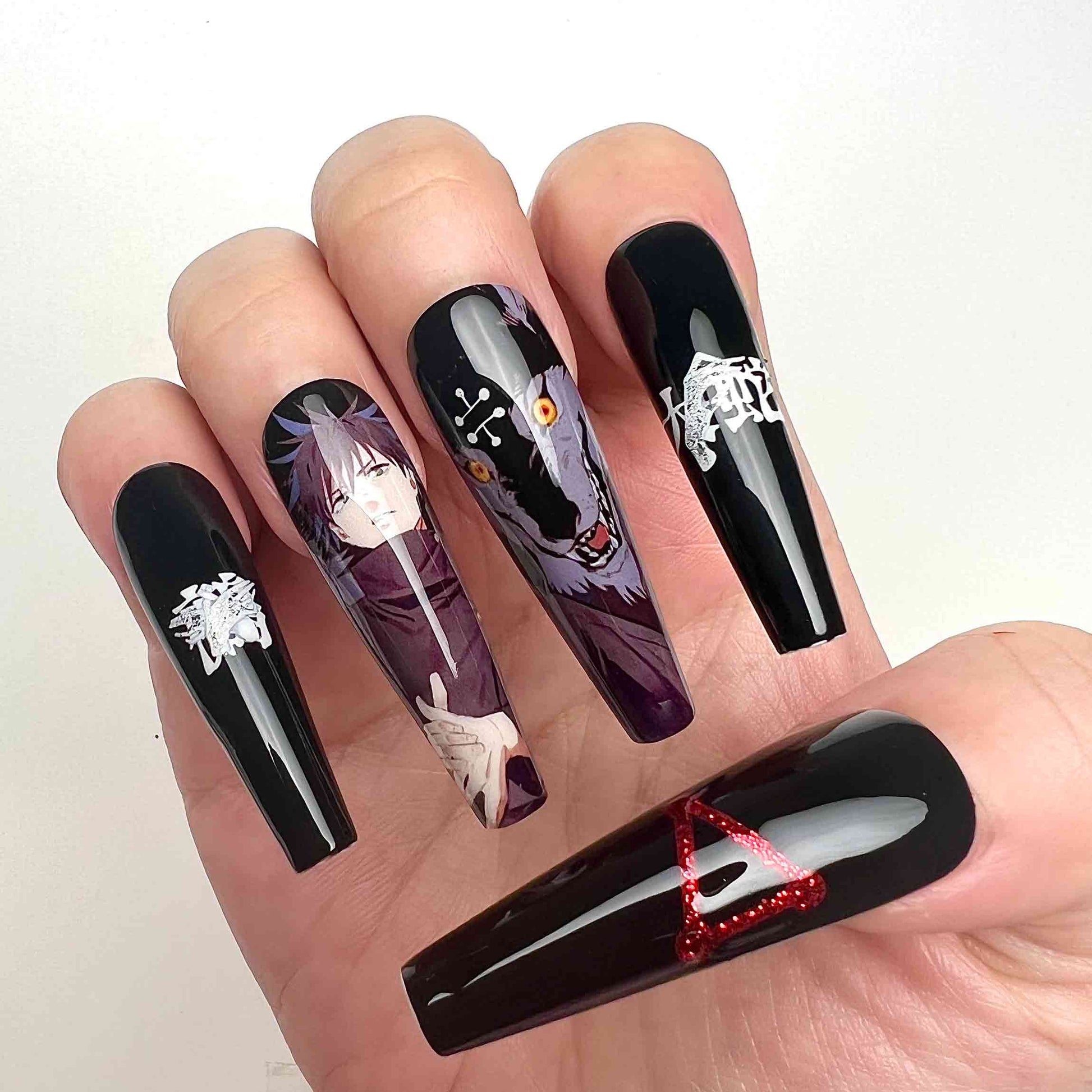 Megumi Fushiguro Nails – Jujutsu Kaisen JJK Press-On Set, Divine Dogs &amp; Red Glitter Anime Design | Dragonnail