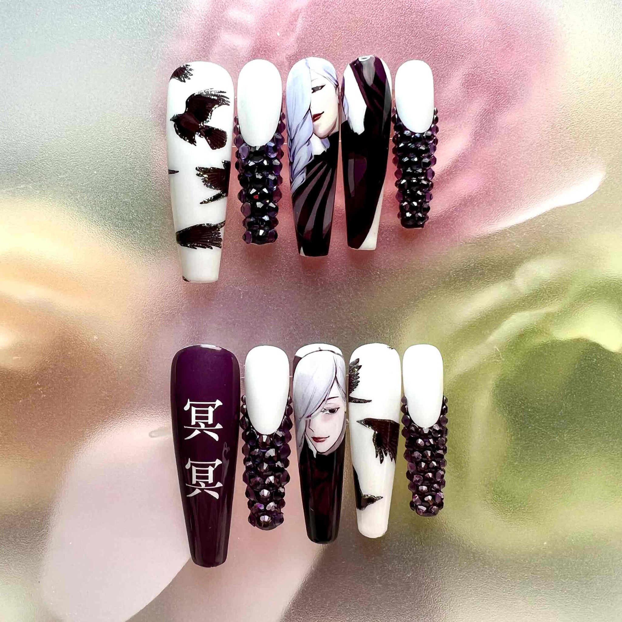 Mei Mei Nails – Jujutsu Kaisen JJK Press-On Set, 3D Purple Gem &amp; Black Crow Sorcery Anime Design | Dragonnail