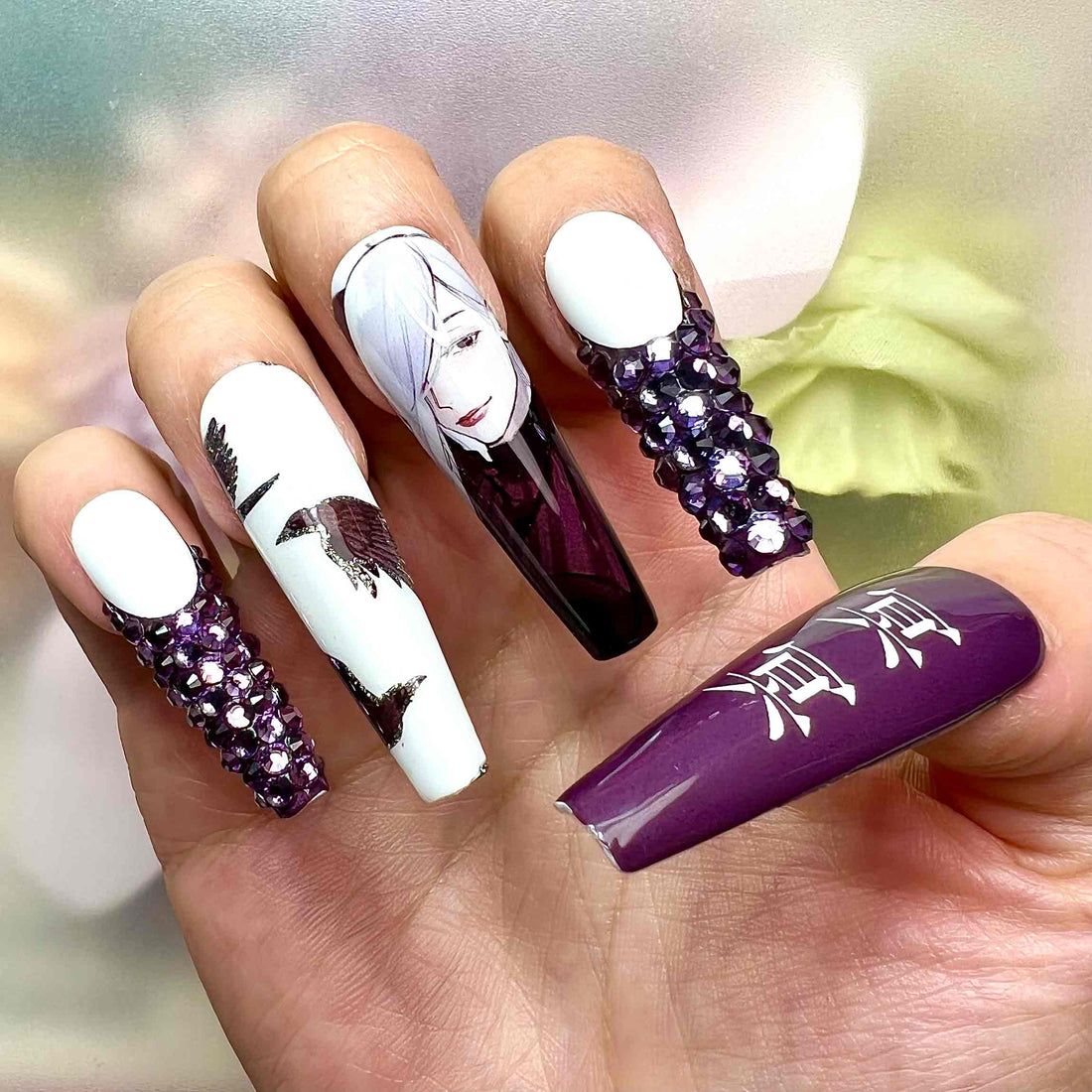 Mei Mei Nails – Jujutsu Kaisen JJK Press-On Set, 3D Purple Gem &amp; Black Crow Sorcery Anime Design | Dragonnail