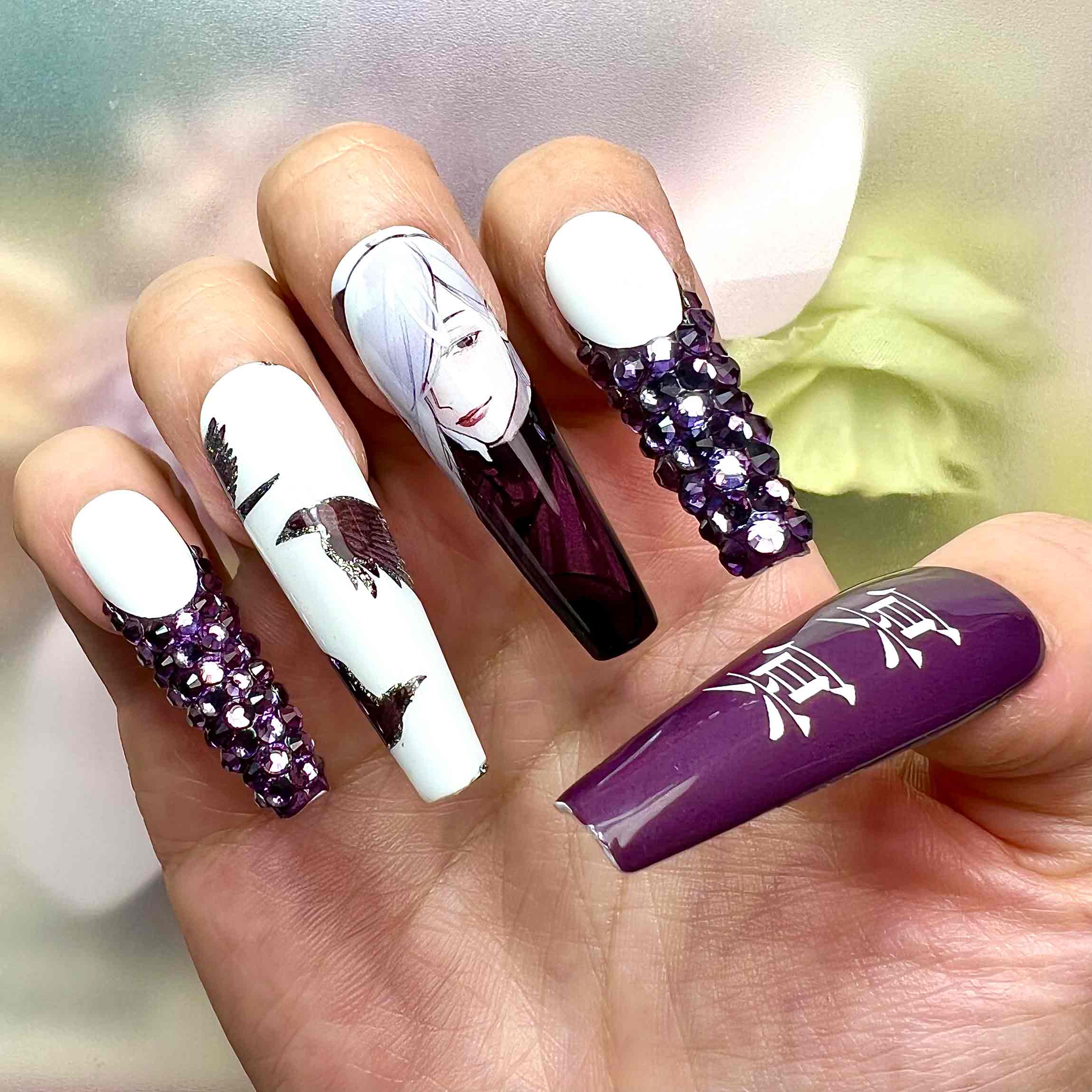 Mei Mei Nails – Jujutsu Kaisen JJK Press-On Set, 3D Purple Gem &amp; Black Crow Sorcery Anime Design | Dragonnail