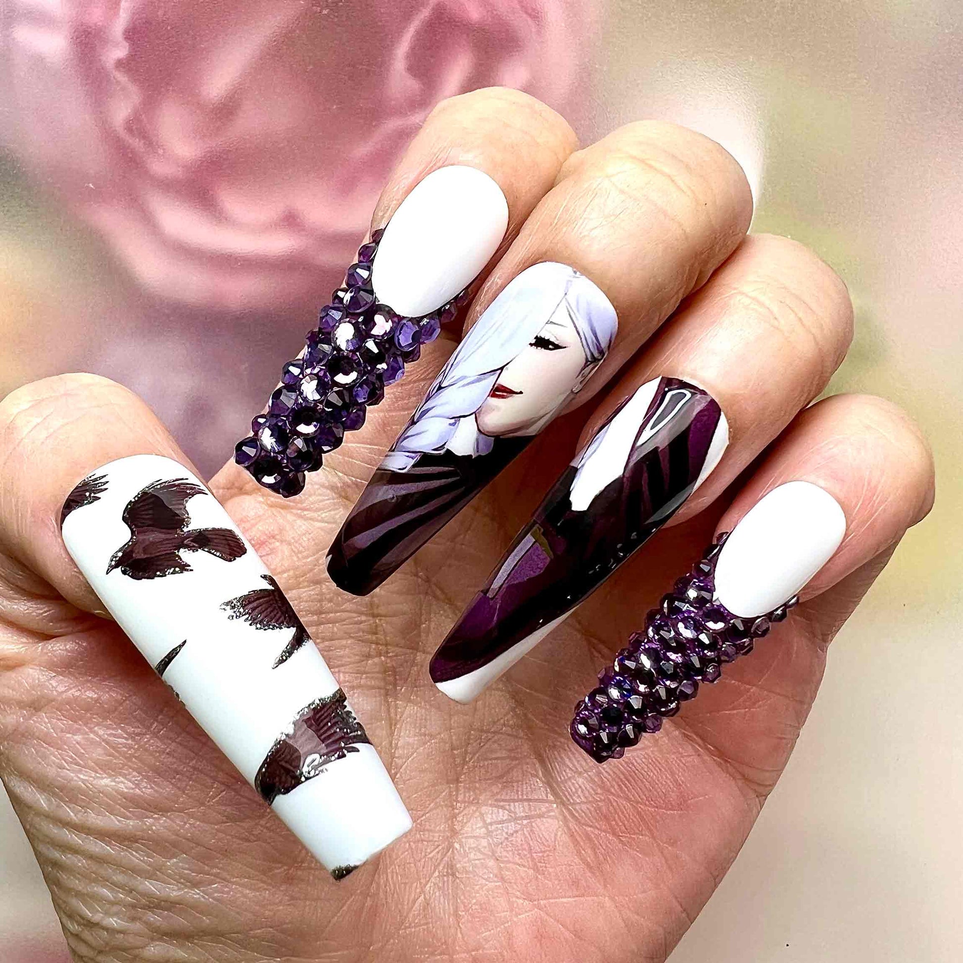 Mei Mei Nails – Jujutsu Kaisen JJK Press-On Set, 3D Purple Gem &amp; Black Crow Sorcery Anime Design | Dragonnail