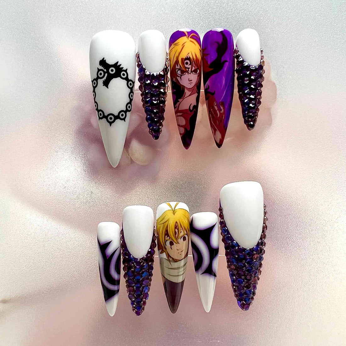 The Seven Deadly Sins Meliodas Press-On Nails | Demon Mark &amp; Dragon Sin 3D Rhinestone Anime Set | White &amp; Purple Aesthetic | Dragonnail