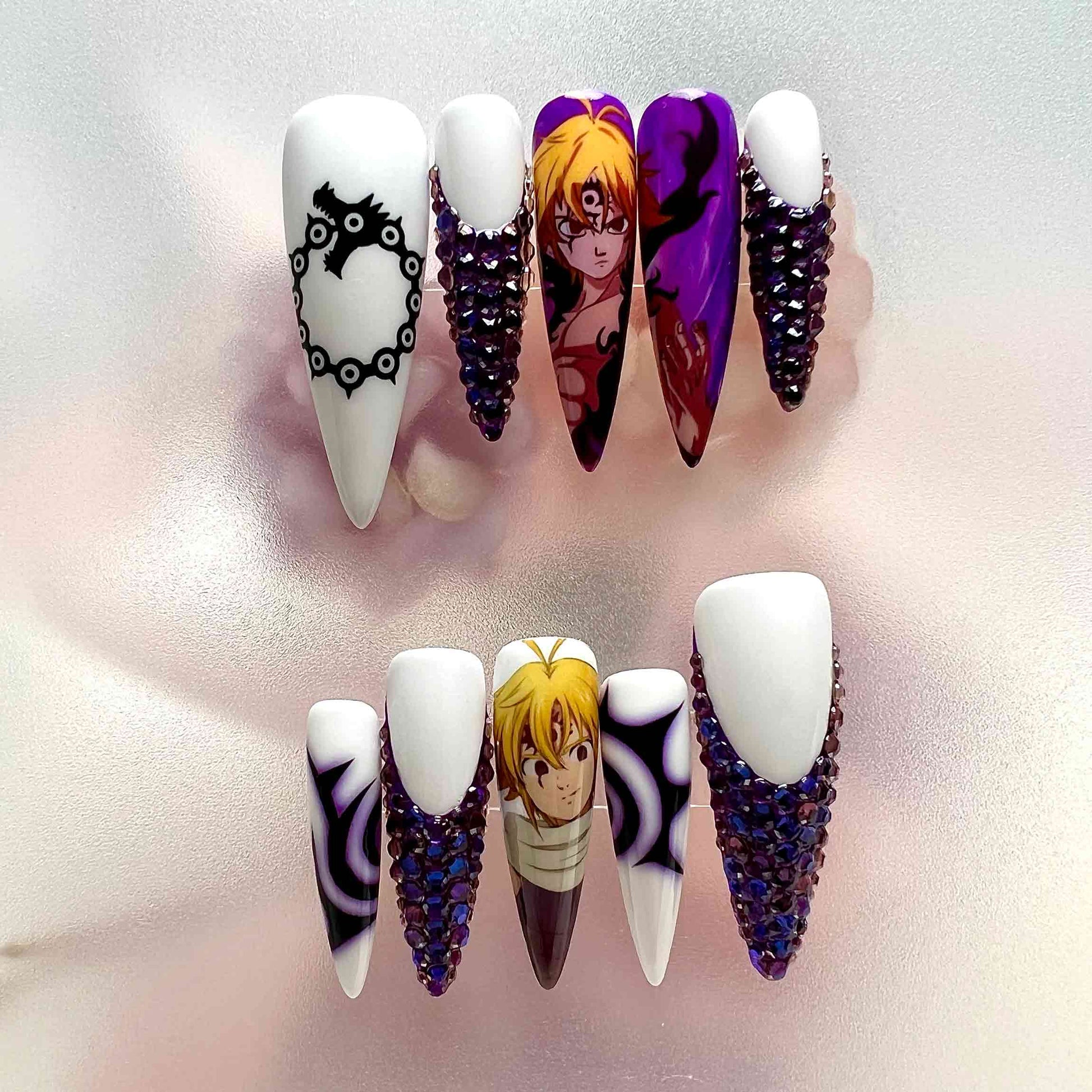 The Seven Deadly Sins Meliodas Press-On Nails | Demon Mark &amp; Dragon Sin 3D Rhinestone Anime Set | White &amp; Purple Aesthetic | Dragonnail