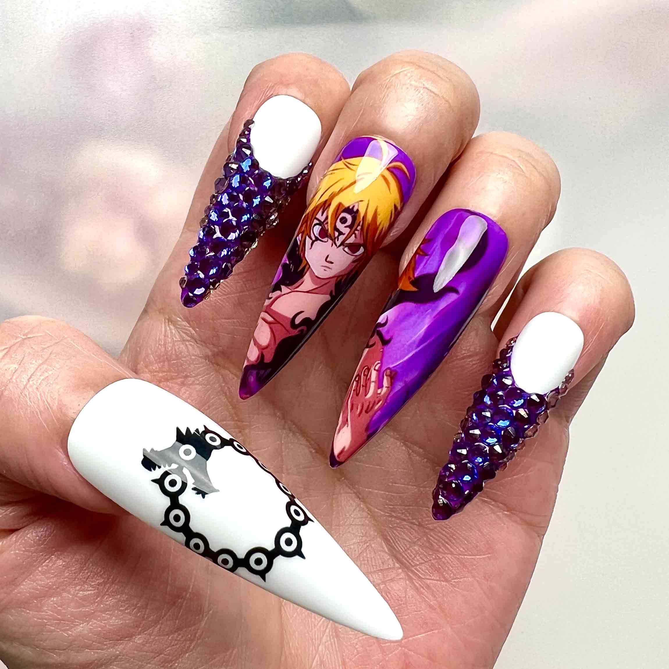 The Seven Deadly Sins Meliodas Press-On Nails | Demon Mark &amp; Dragon Sin 3D Rhinestone Anime Set | White &amp; Purple Aesthetic | Dragonnail