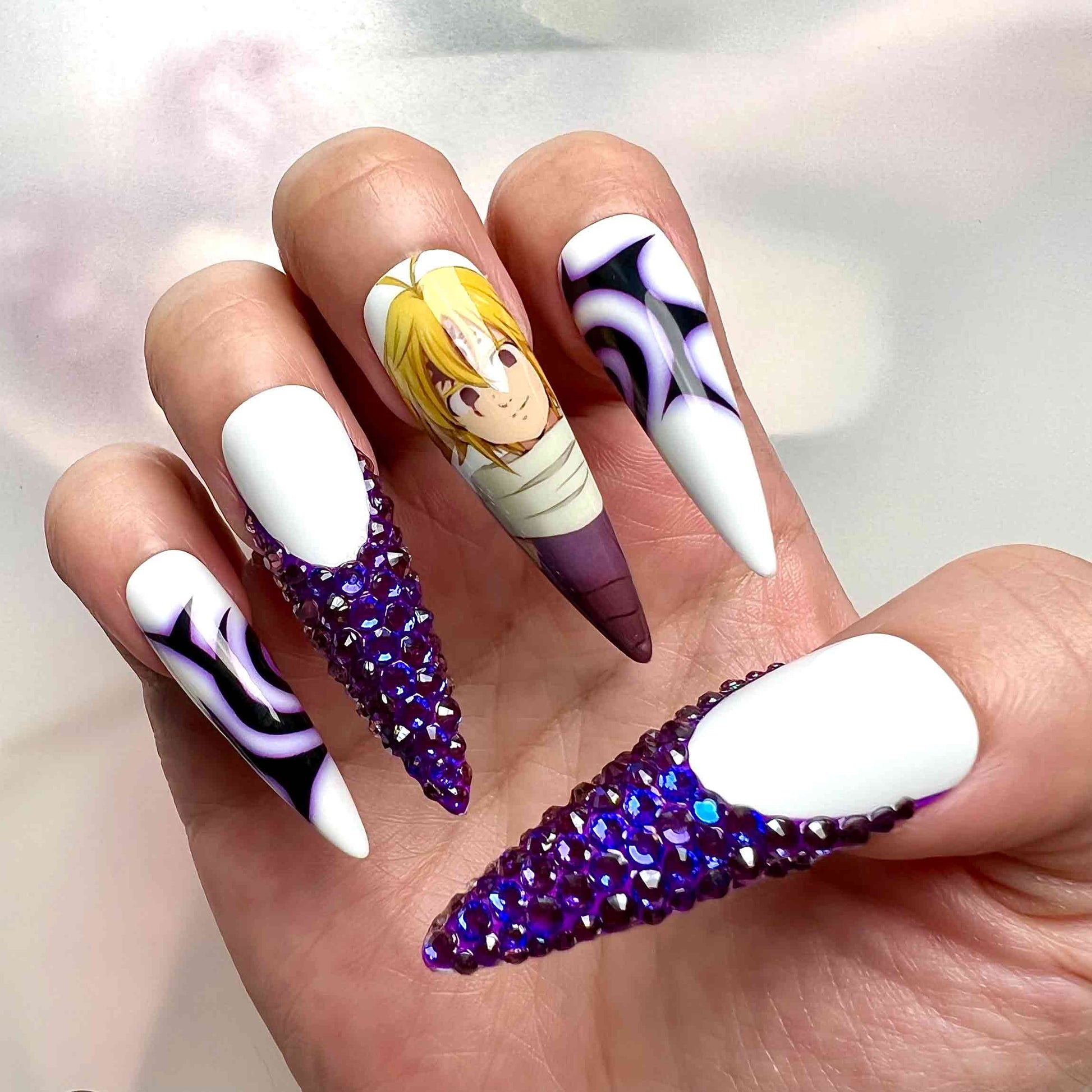 The Seven Deadly Sins Meliodas Press-On Nails | Demon Mark &amp; Dragon Sin 3D Rhinestone Anime Set | White &amp; Purple Aesthetic | Dragonnail